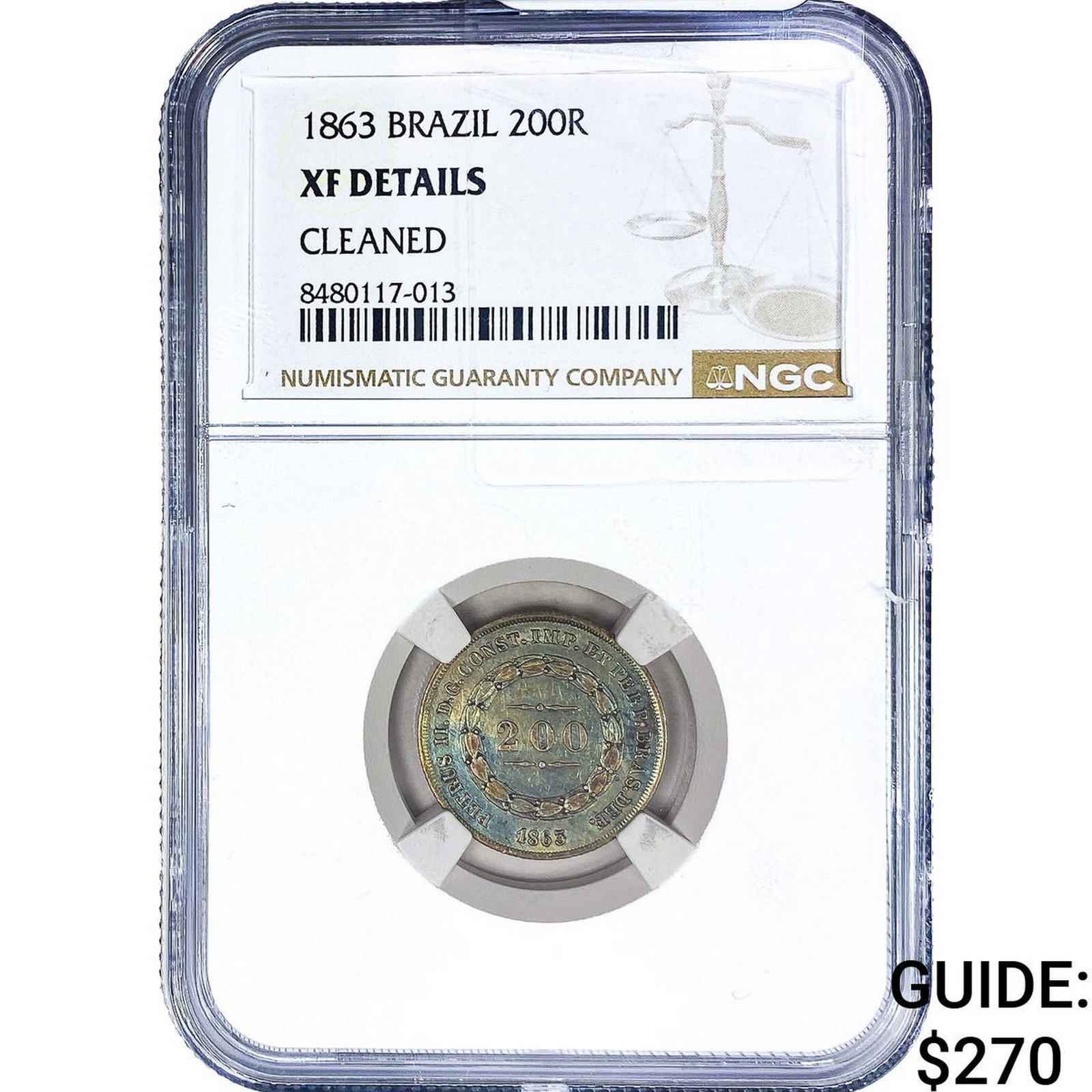 1863 Brazil Silver 200 Reis NGC XF Details: 1863 Brazil Silver 200 Reis NGC XF Details