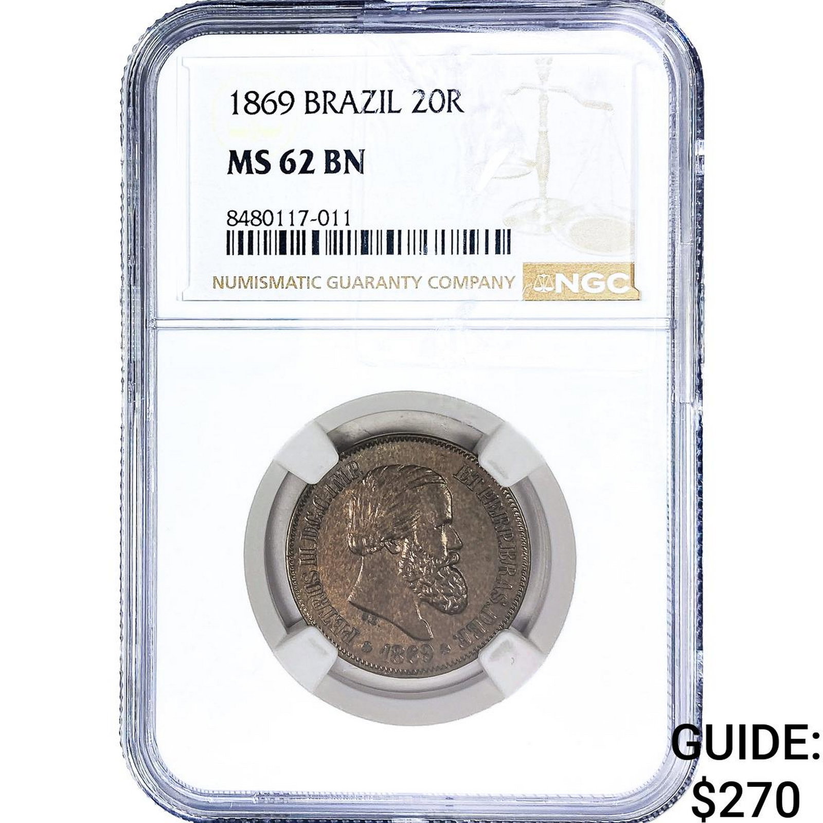 1869 Brazil Copper 20 Reis NGC MS62 BN: 1869 Brazil Copper 20 Reis NGC MS62 BN