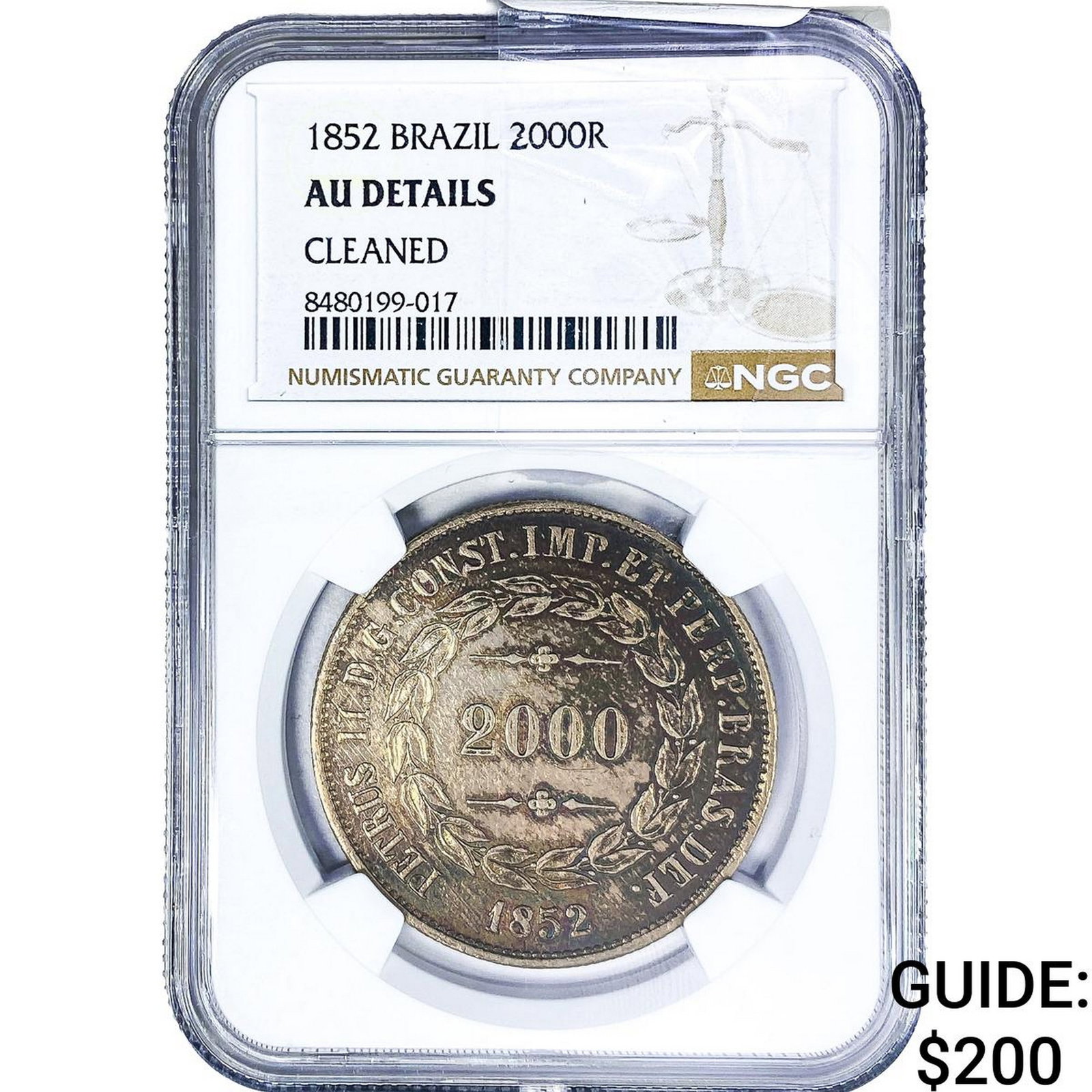 1852 Brazil Silver 2000 Reis NGC AU Details: 1852 Brazil Silver 2000 Reis NGC AU Details