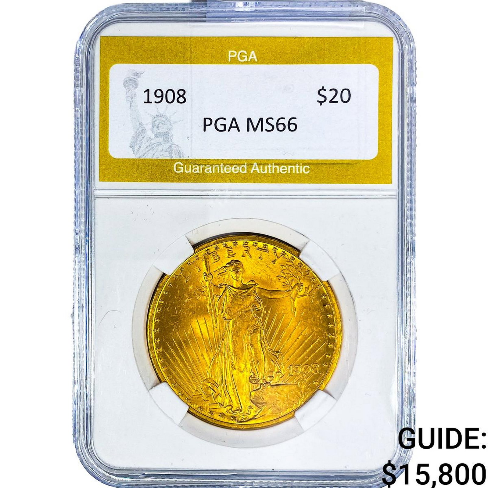 1908 $20 Gold Double Eagle PGA MS66: 1908 $20 Gold Double Eagle PGA MS66