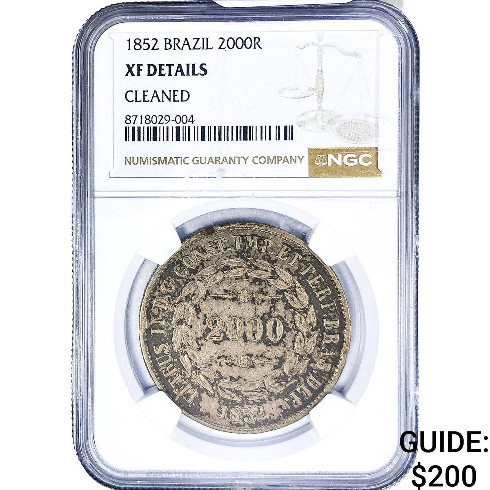 1852 Brazil Silver 2000 Reis NGC XF Details: 1852 Brazil Silver 2000 Reis NGC XF Details