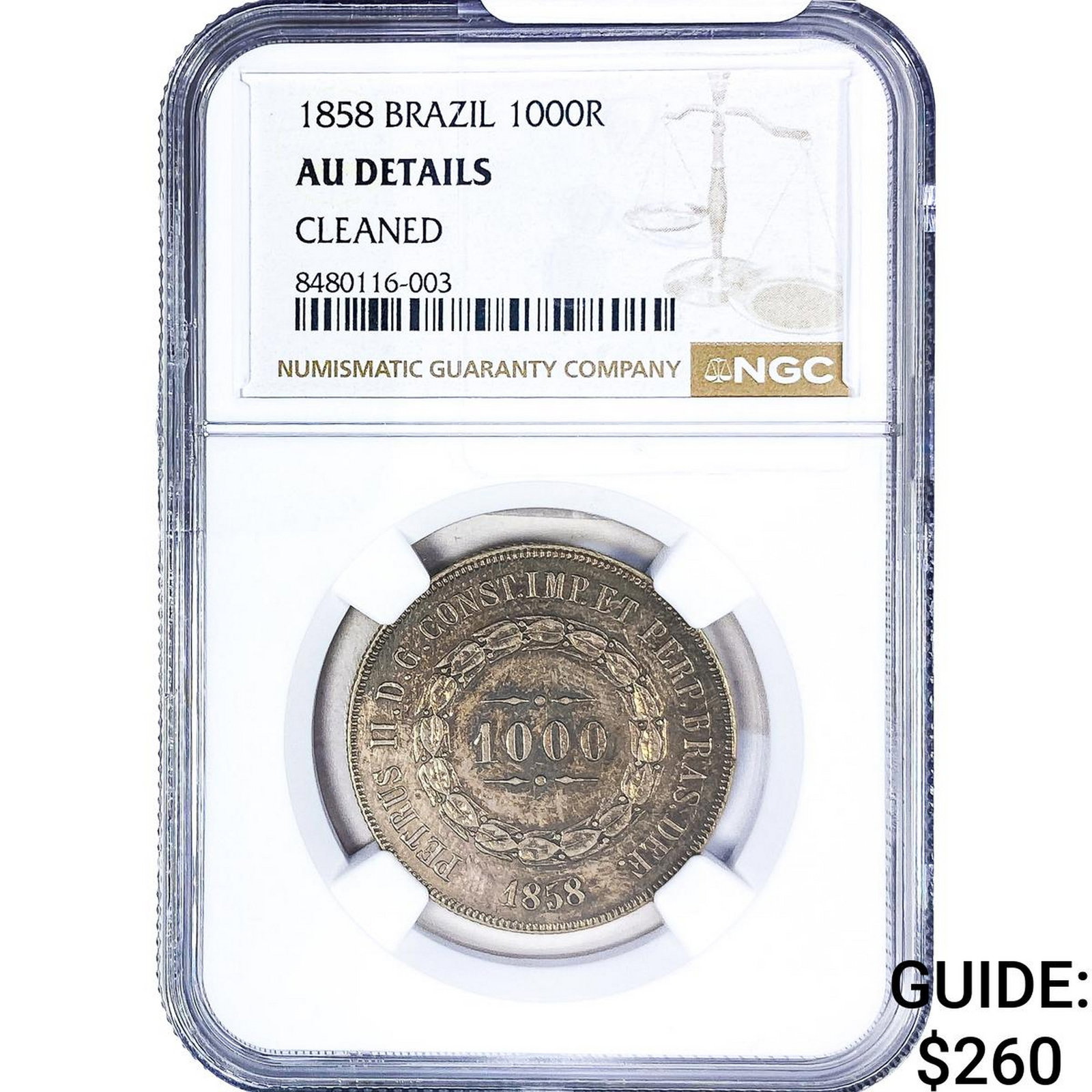 1858 Brazil Silver 1000 Reis NGC AU Details: 1858 Brazil Silver 1000 Reis NGC AU Details
