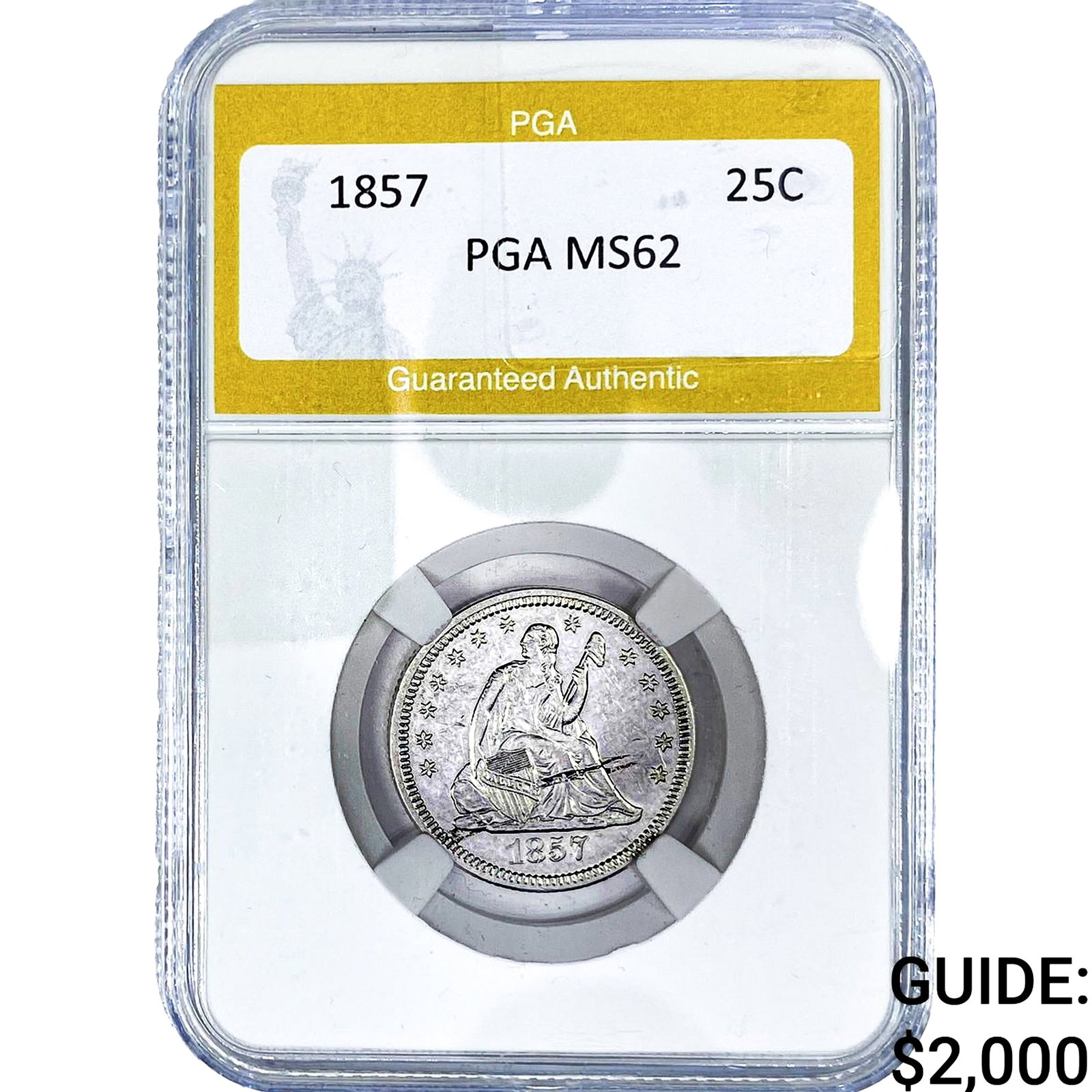 1857 Seated Liberty Quarter PGA MS62: 1857 Seated Liberty Quarter PGA MS62