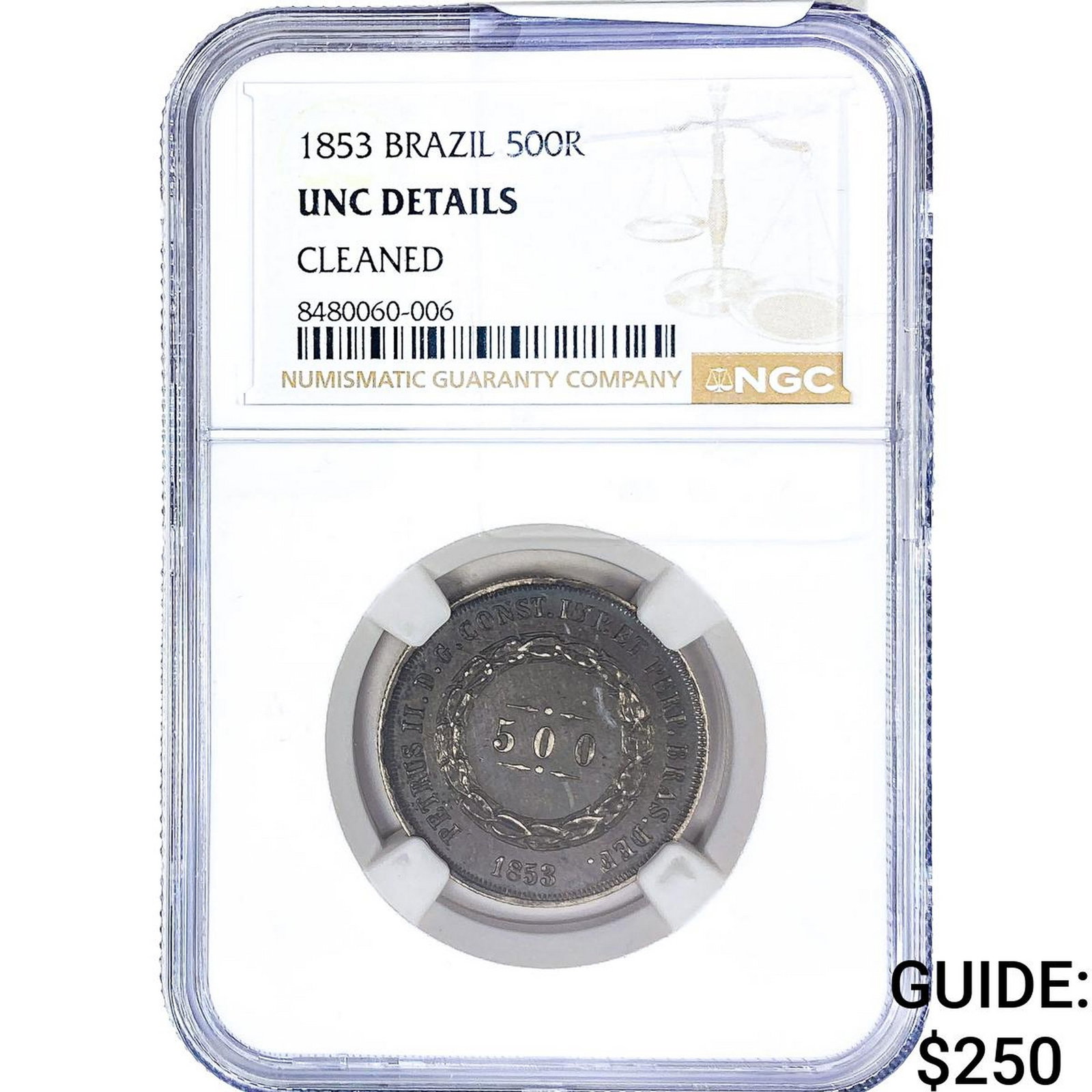 1853 Brazil Silver 500 Reis NGC UNC Details: 1853 Brazil Silver 500 Reis NGC UNC Details