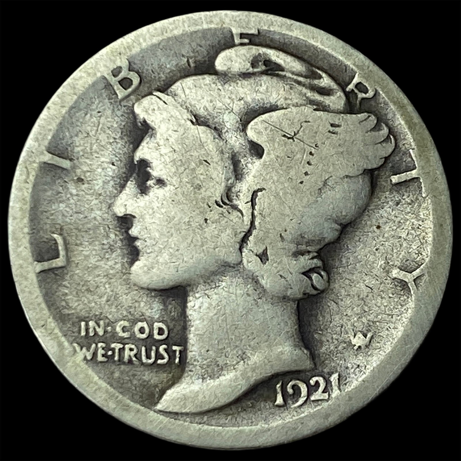 1921-D Silver Mercury Dime NICELY CIRCULATED: 1921-D Silver Mercury Dime NICELY CIRCULATED