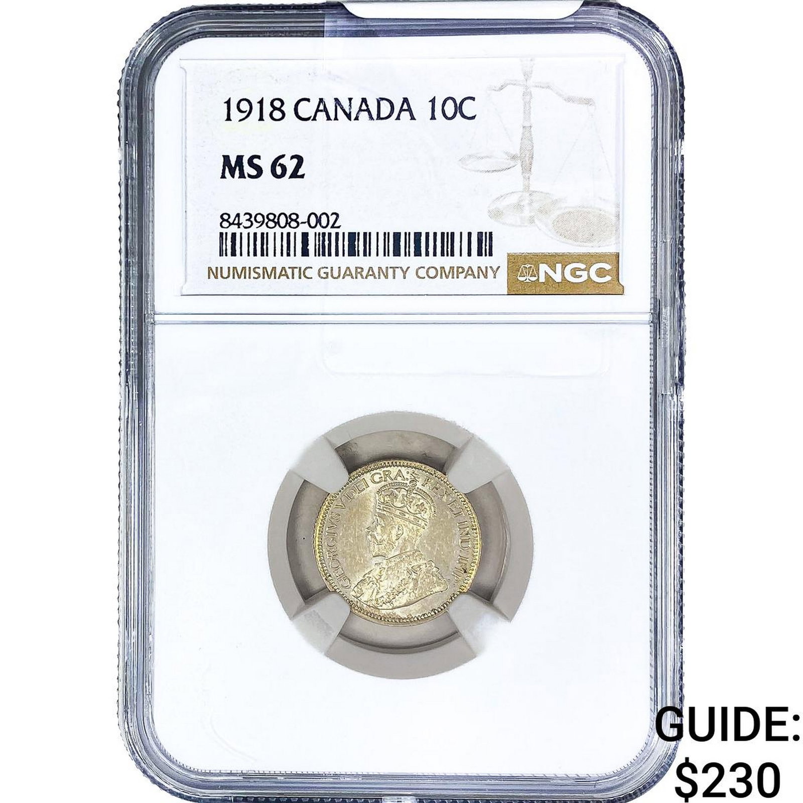 1918 Canada Silver 10 Cents NGC MS62: 1918 Canada Silver 10 Cents NGC MS62