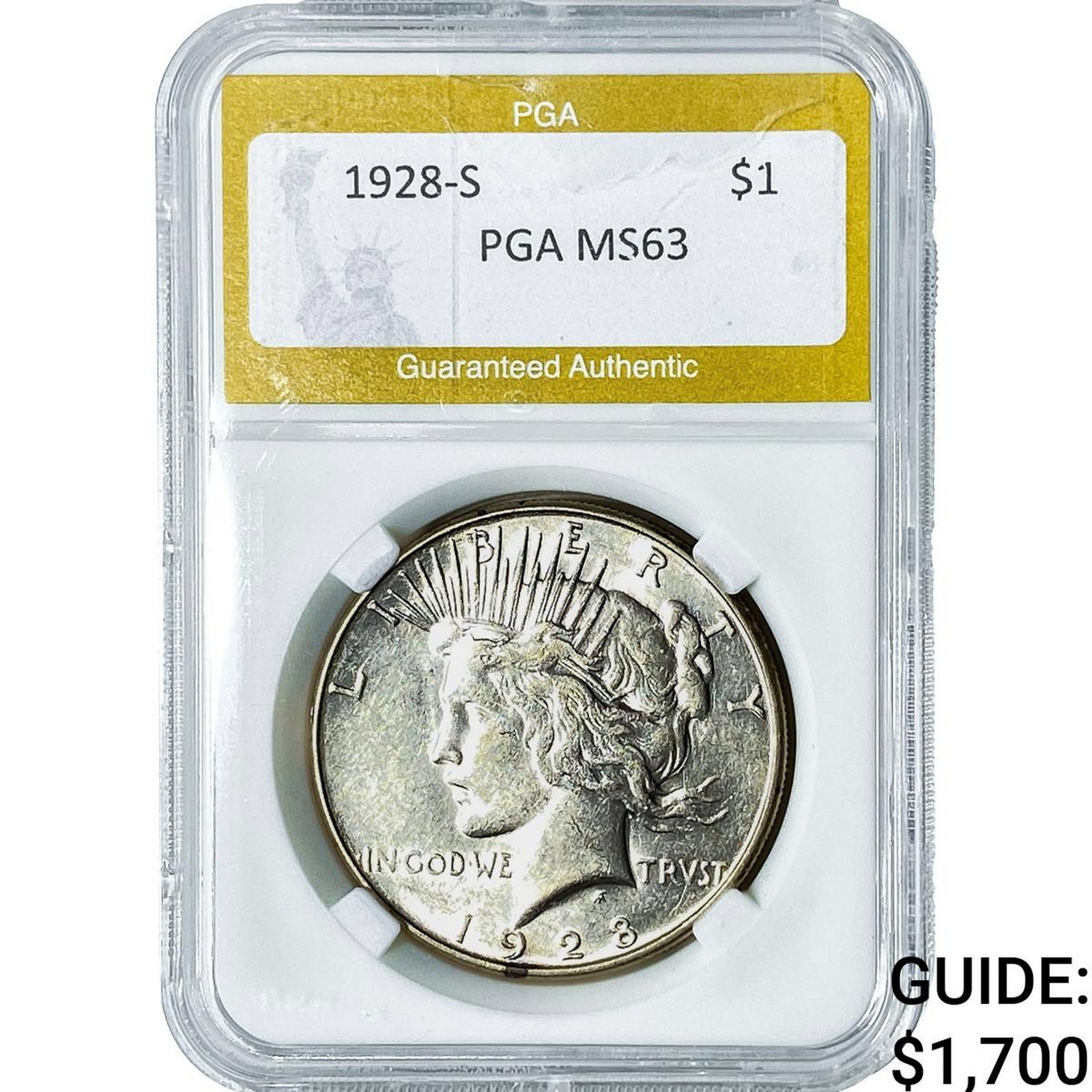 1928-S Silver Peace Dollar PGA MS63: 1928-S Silver Peace Dollar PGA MS63