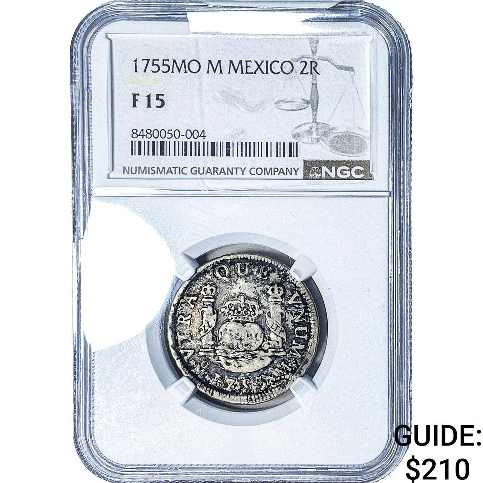 1755-MO Colonial Spain Silver 2 Reales NGC F15: 1755-MO Colonial Spain Silver 2 Reales NGC F15