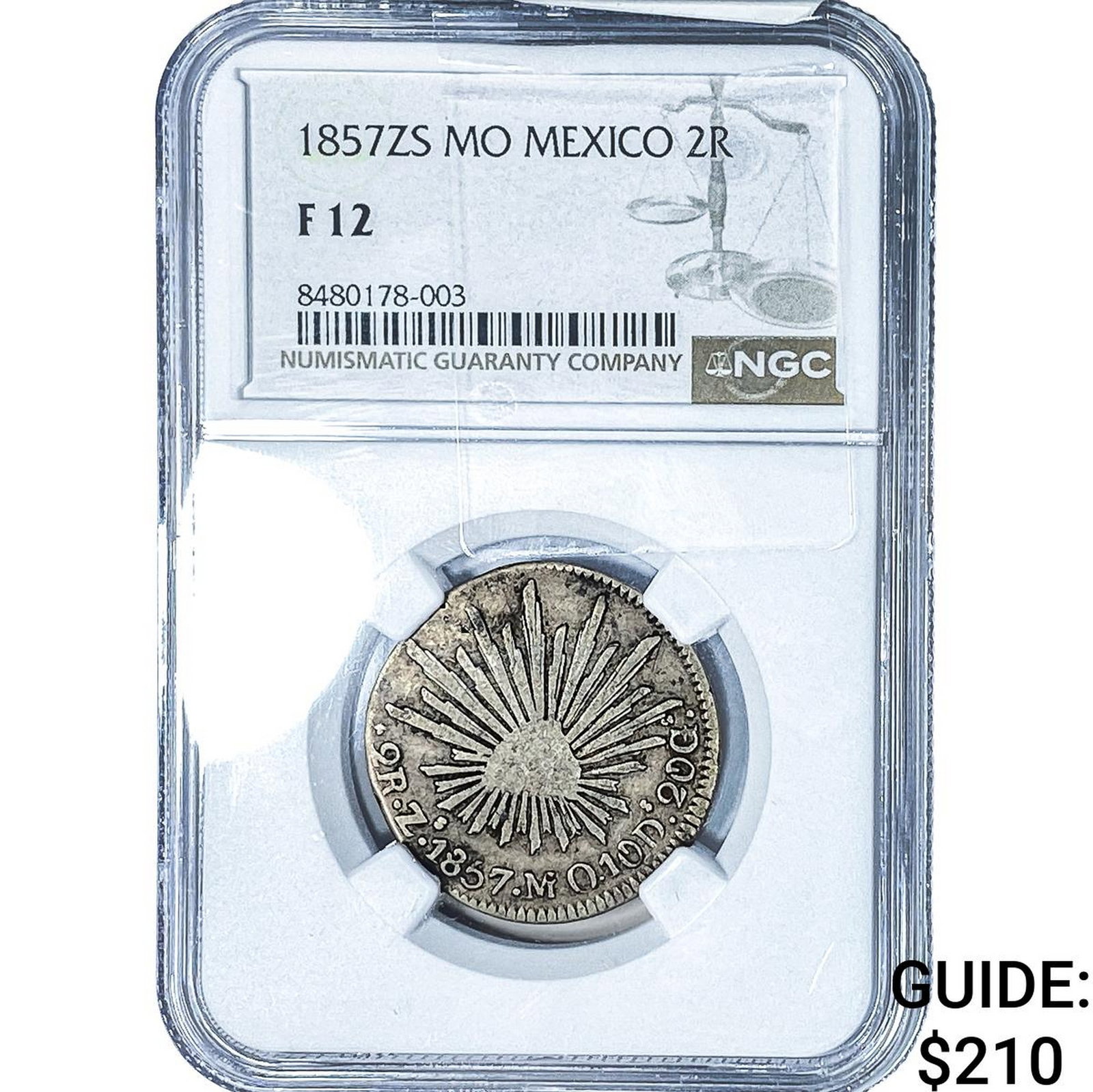 1857-ZS Mexico Silver 2 Reales NGC F12: 1857-ZS Mexico Silver 2 Reales NGC F12