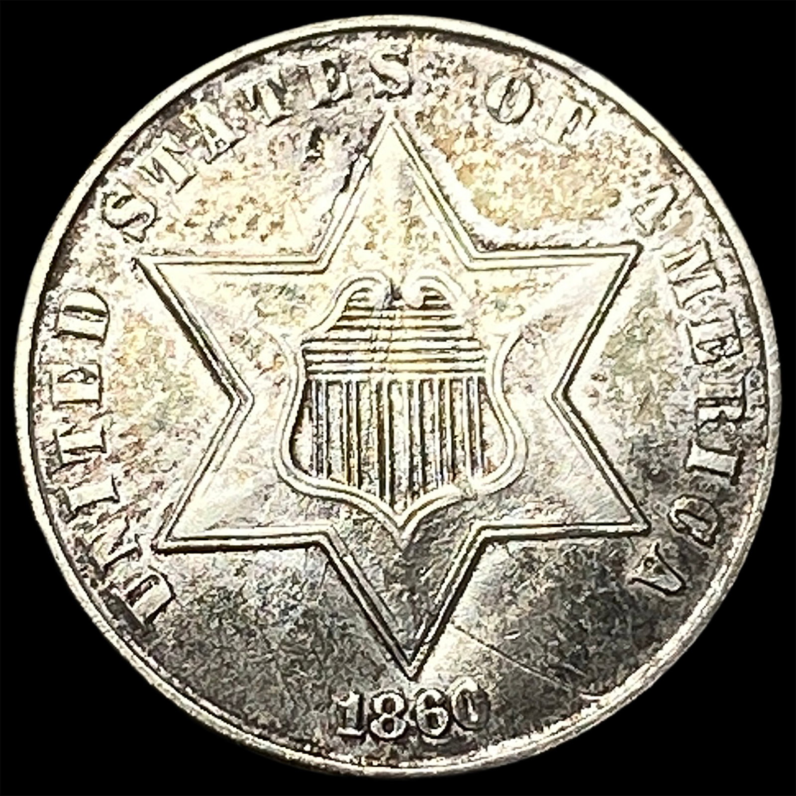 1860 Silver Three-Cent Piece CHOICE AU: 1860 Silver Three-Cent Piece CHOICE AU
