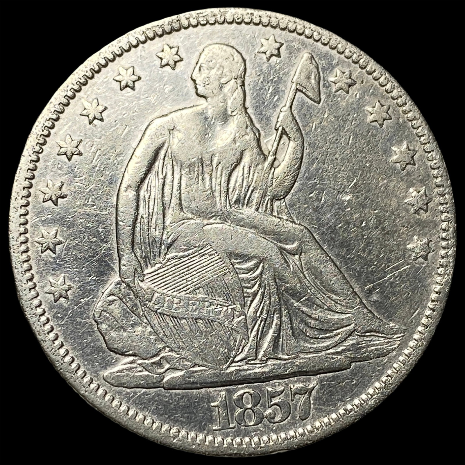 1857 Silver Half Dollar (Seated Liberty) NEARLY UNCIRCULATED: 1857 Silver Half Dollar (Seated Liberty) NEARLY UNCIRCULATED