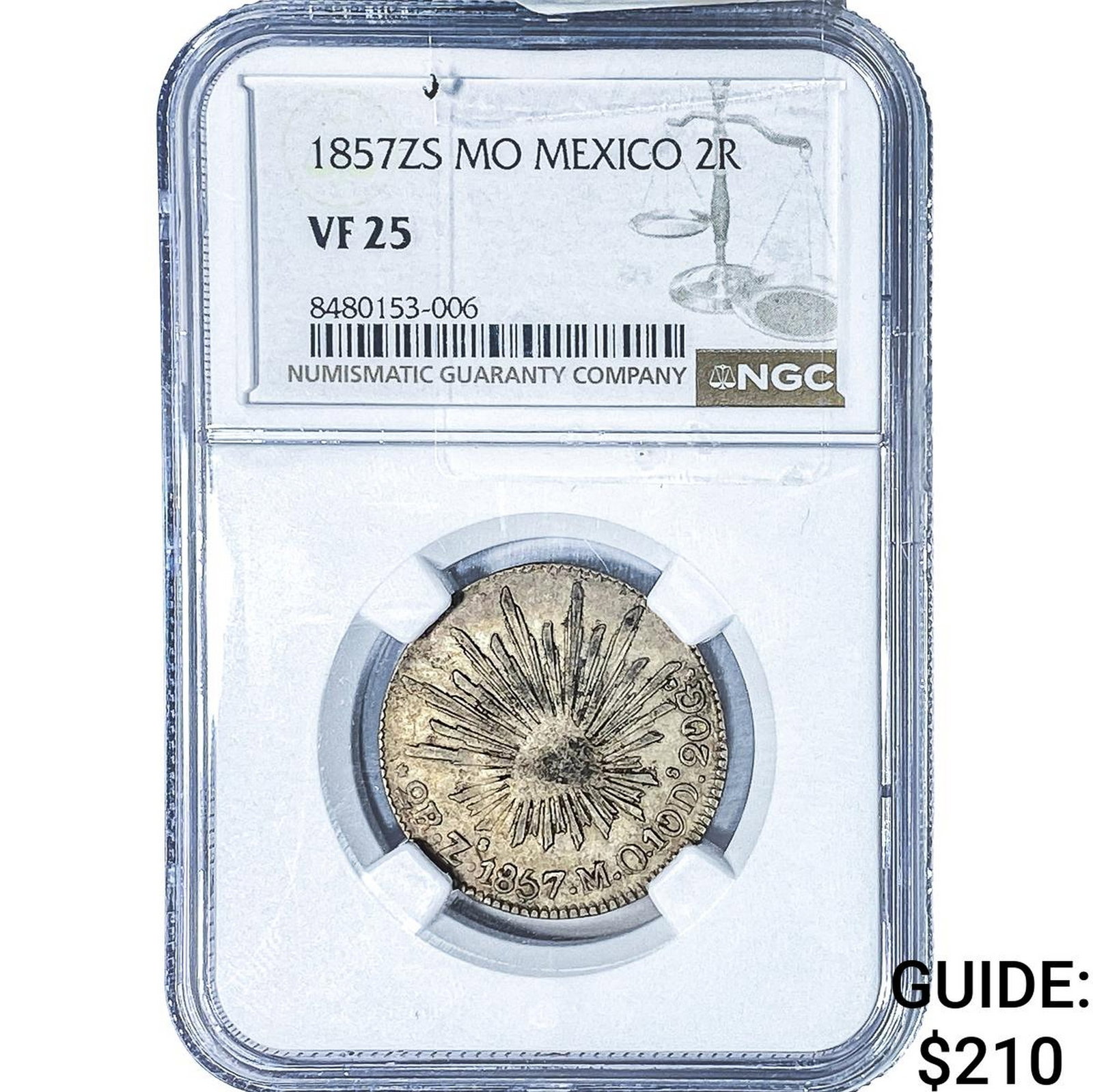 1857-ZS Mexico Silver 2 Reales NGC VF25: 1857-ZS Mexico Silver 2 Reales NGC VF25