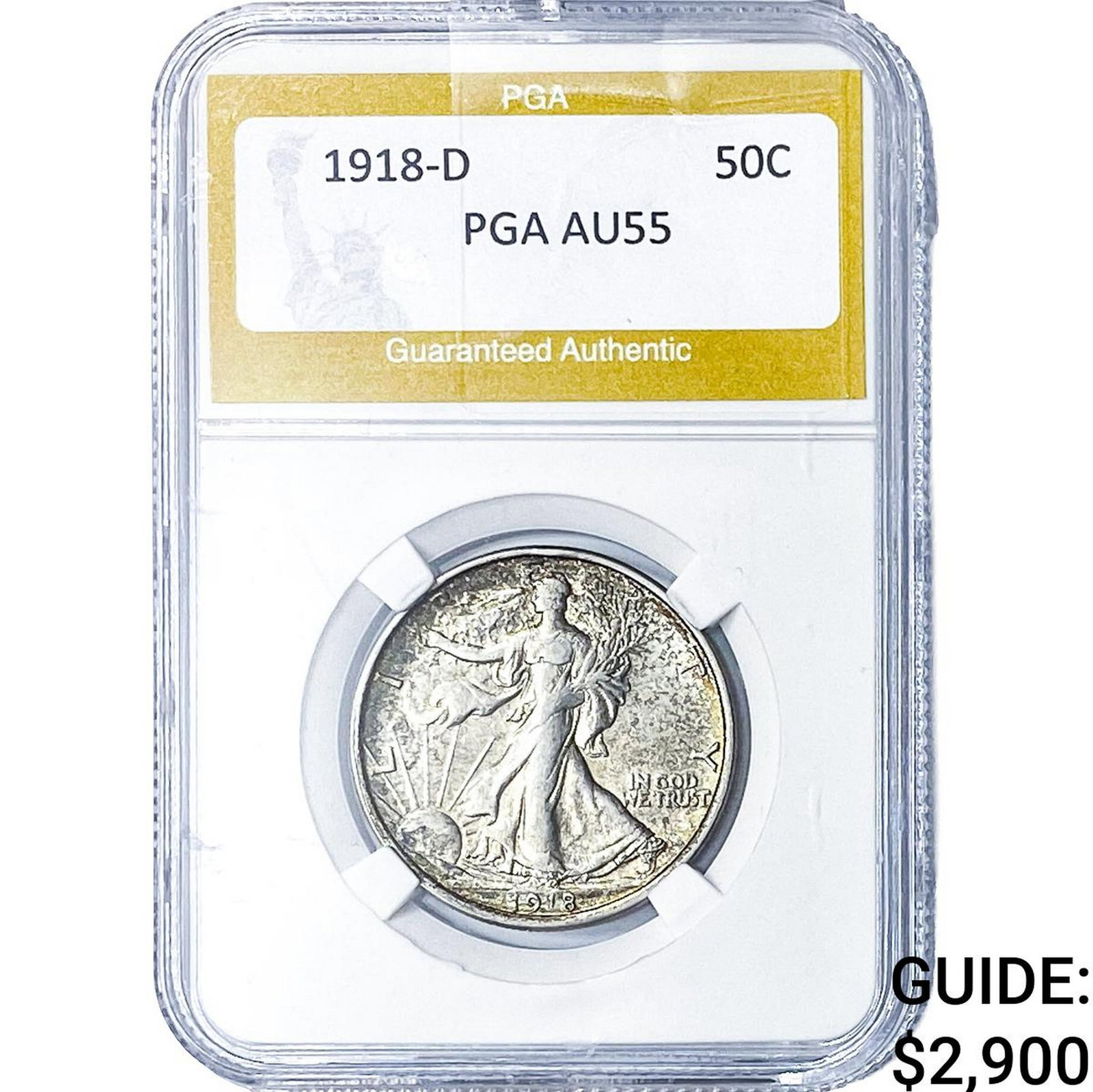 1918-D Walking Liberty Half Dollar PGA AU55: 1918-D Walking Liberty Half Dollar PGA AU55