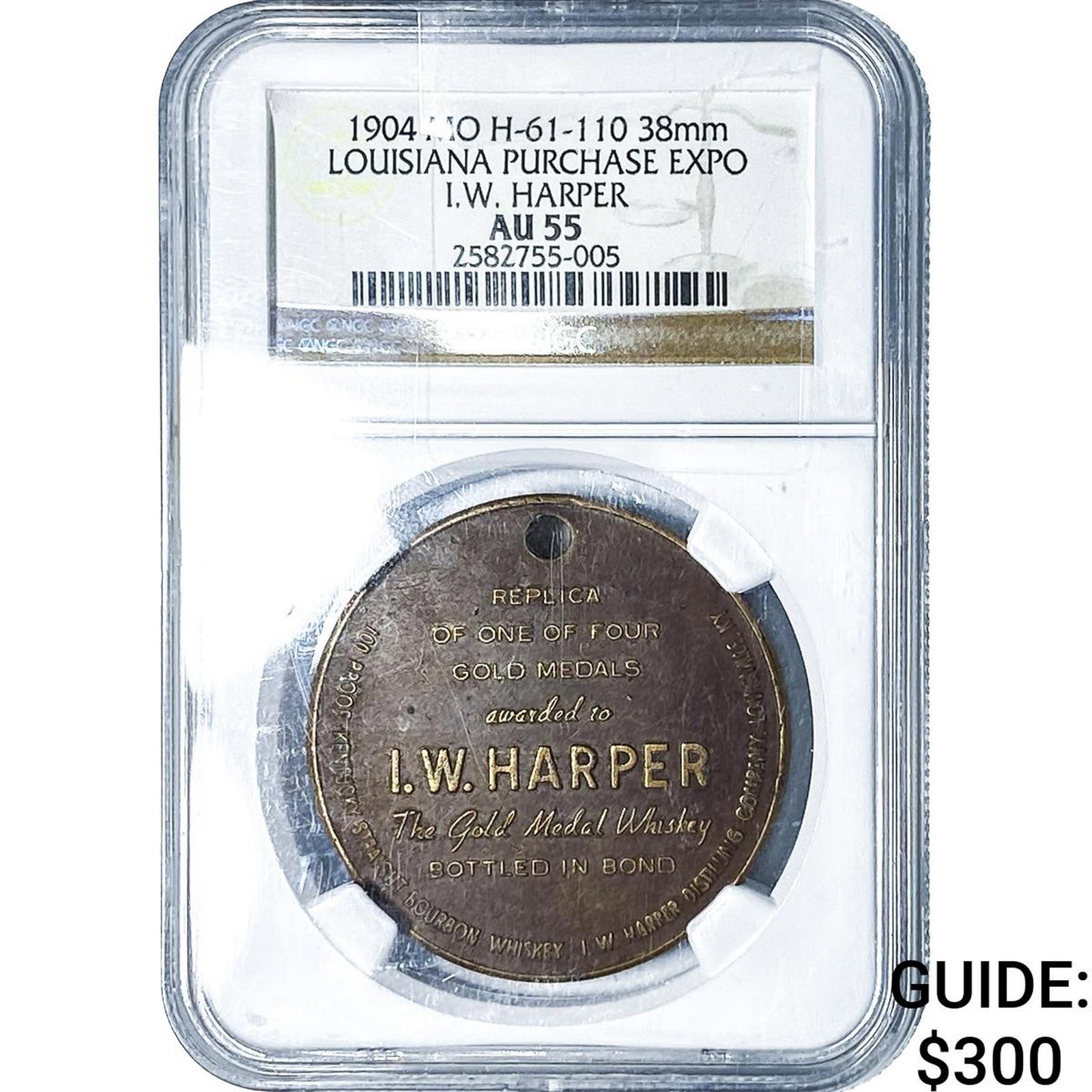 1904 MO H-61 38MM LA Purchace Expo I.W. Harper NGC AU55: 1904 MO H-61 38MM LA Purchace Expo I.W. Harper NGC AU55
