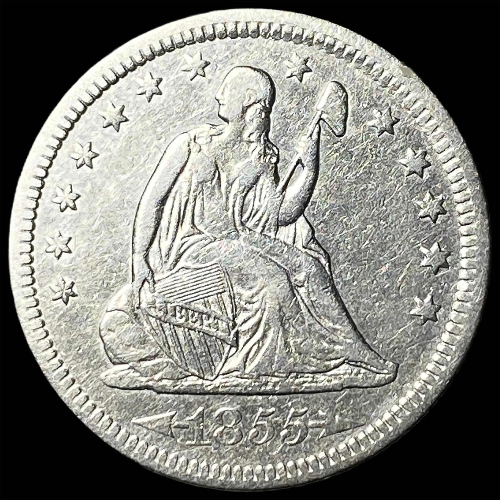 1855 Arrows Silver Seated Liberty Quarter CLOSELY UNCIRCULATED: 1855 Arrows Silver Seated Liberty Quarter CLOSELY UNCIRCULATED