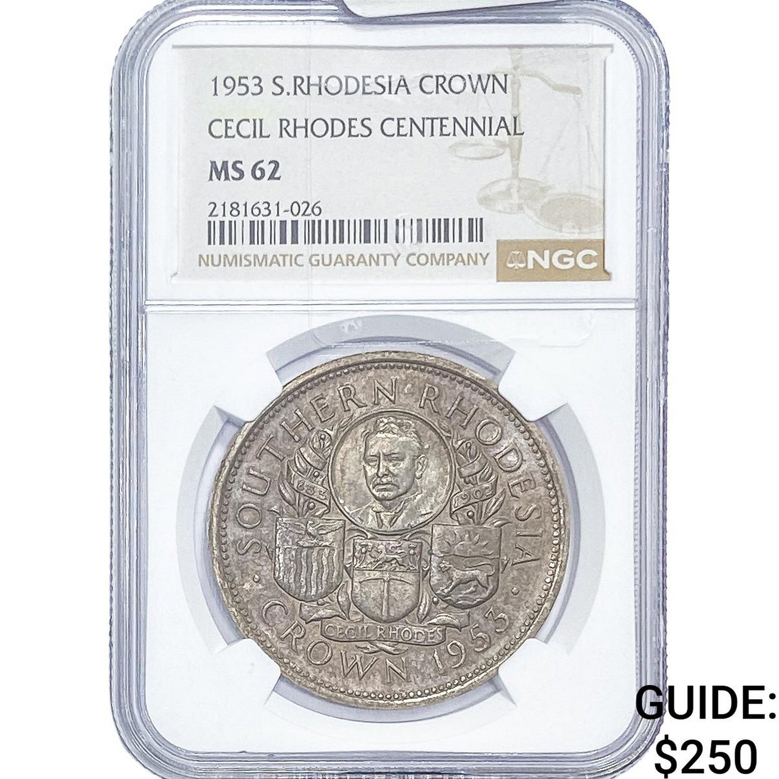 1953 S. Rhodesia Silver Crown NGC MS62: 1953 S. Rhodesia Silver Crown NGC MS62
