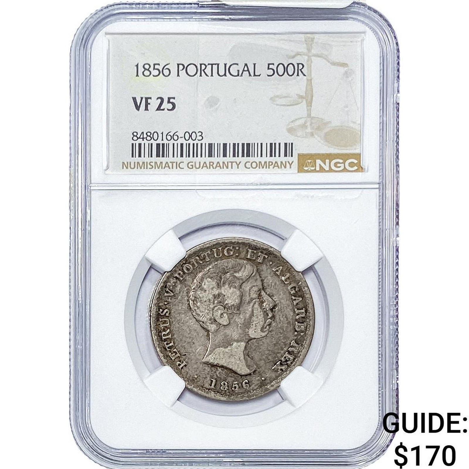 1856 Portugal Silver 500 Reis NGC VF25: 1856 Portugal Silver 500 Reis NGC VF25