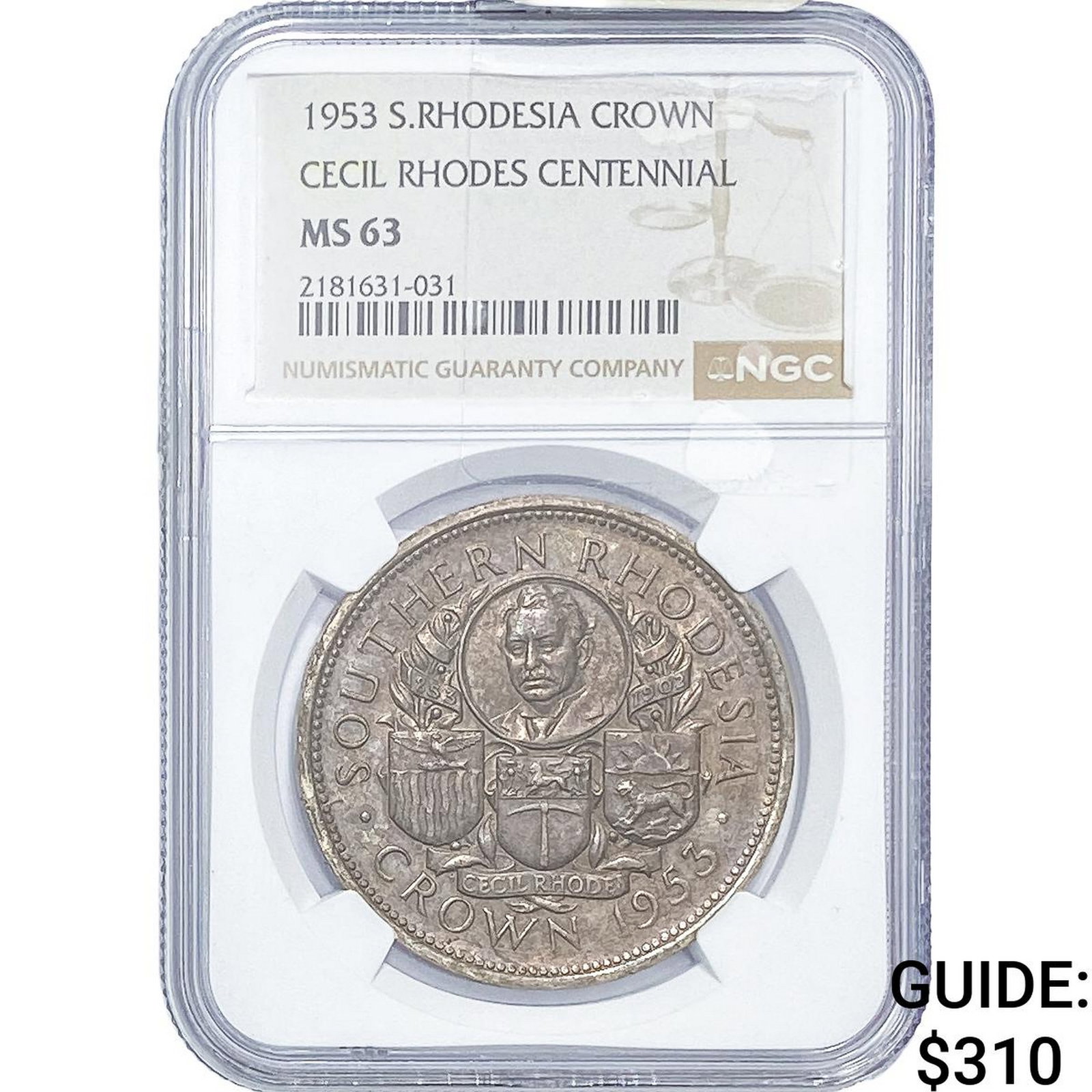 1953 S. Rhodesia Silver Crown NGC MS63: 1953 S. Rhodesia Silver Crown NGC MS63