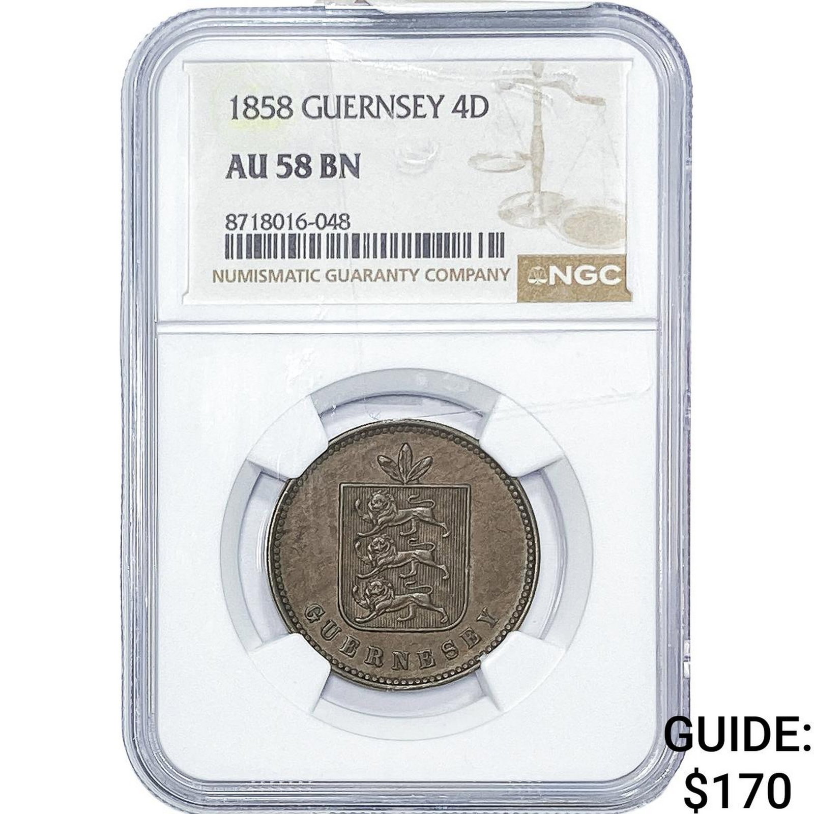 1858 Guernsey Copper 4 Doubles NGC AU58 BN (1 of 2)
