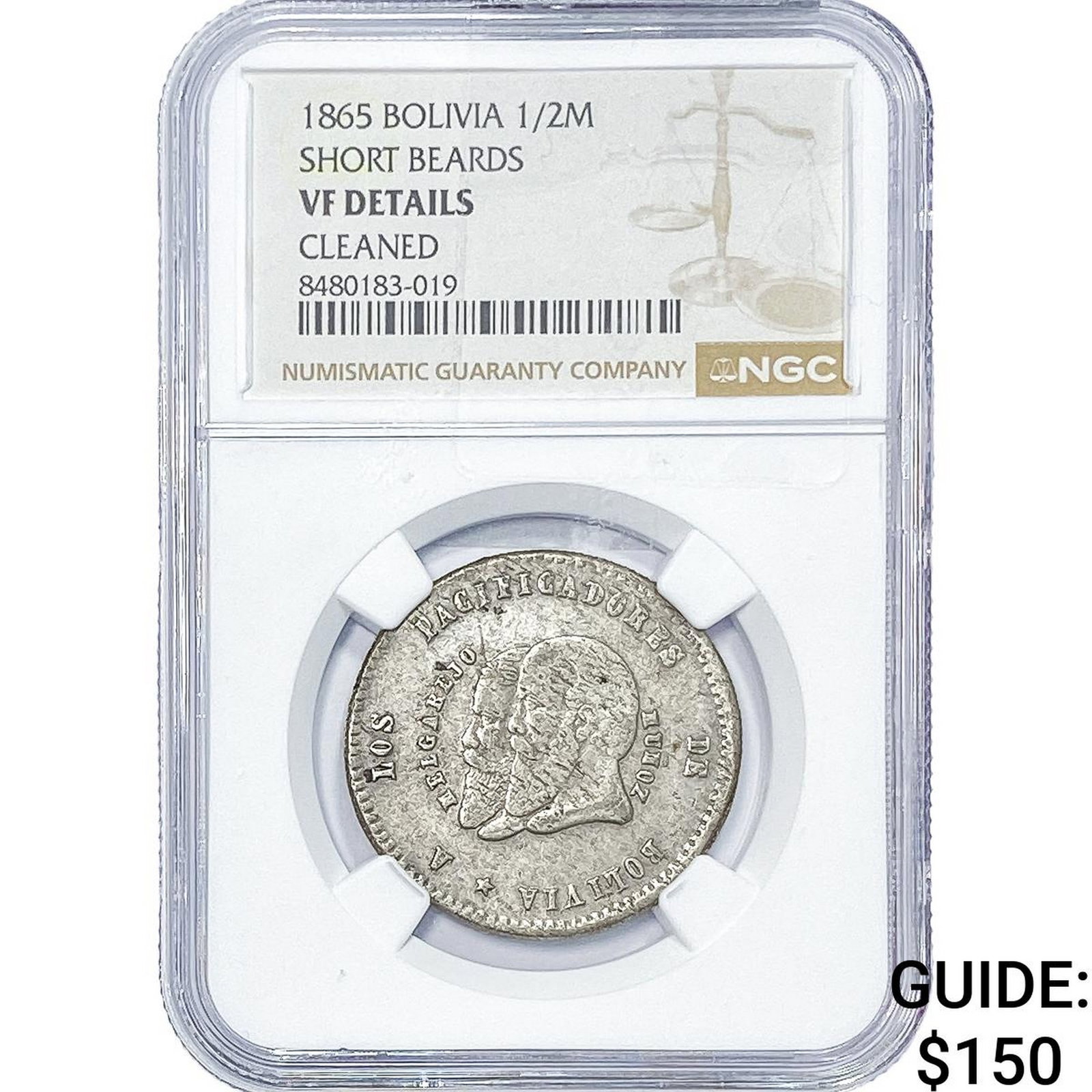 1865 Bolivia Silver 1/2 Melgarejo NGC VF Details: 1865 Bolivia Silver 1/2 Melgarejo NGC VF Details
