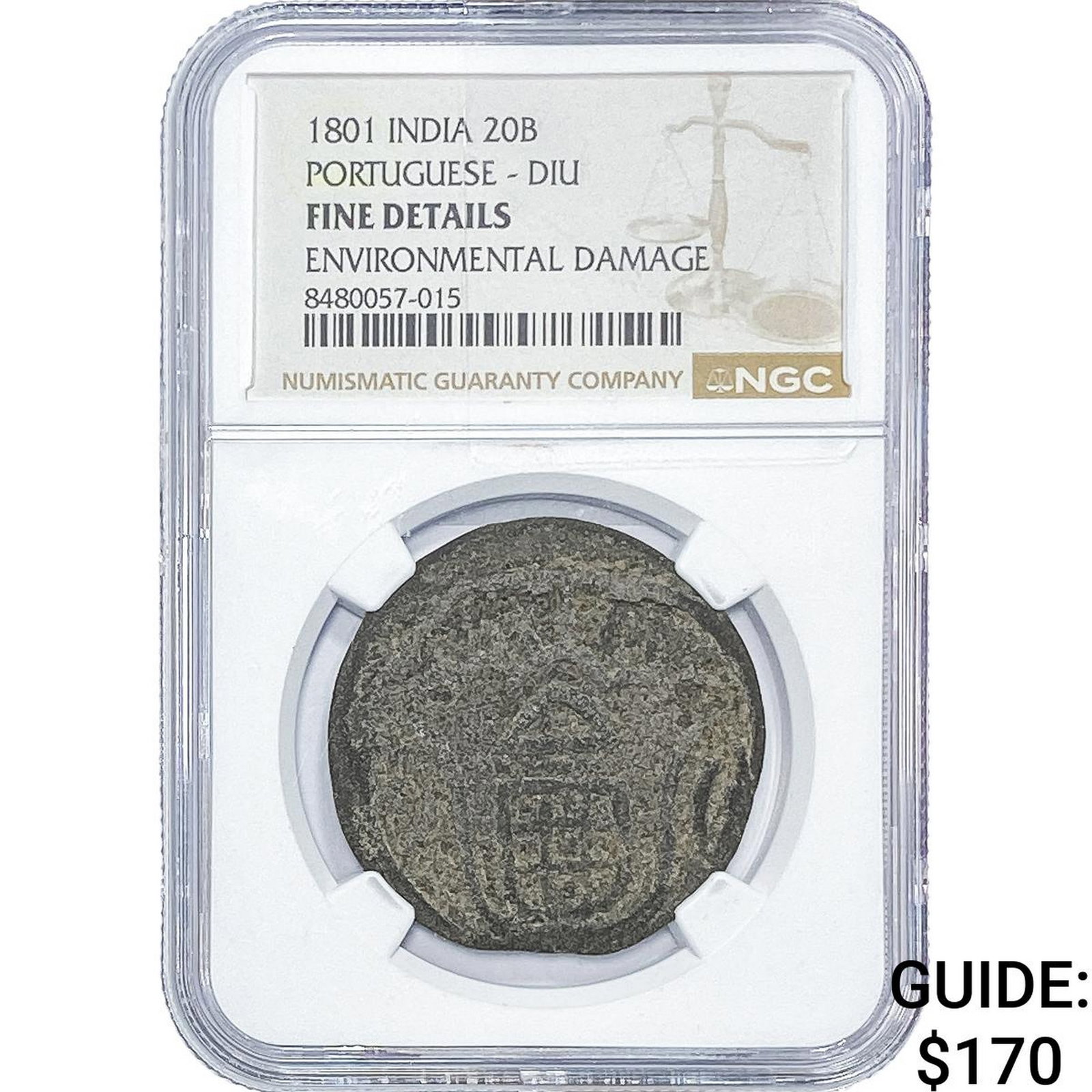 1801 Portuguese India Copper Diu NGC F Details: 1801 Portuguese India Copper Diu NGC F Details