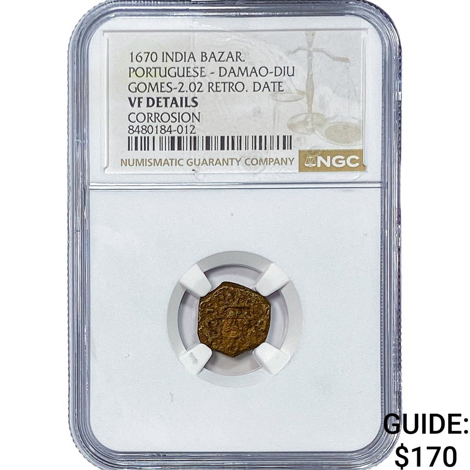 1670 Portuguese India Copper Diu NGC VF Details: 1670 Portuguese India Copper Diu NGC VF Details