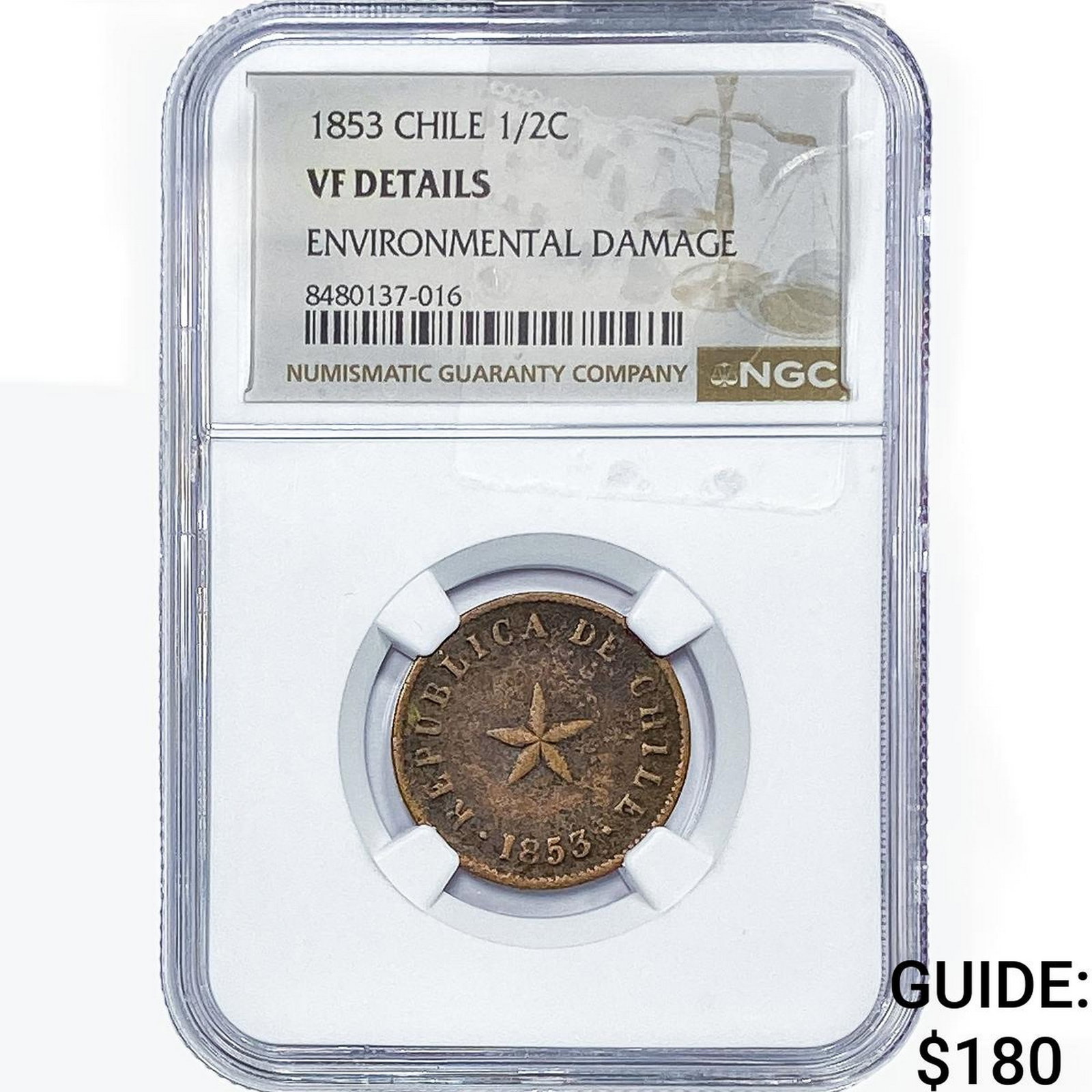 1853 Chile Copper 1/2 Centavo NGC VF Details: 1853 Chile Copper 1/2 Centavo NGC VF Details