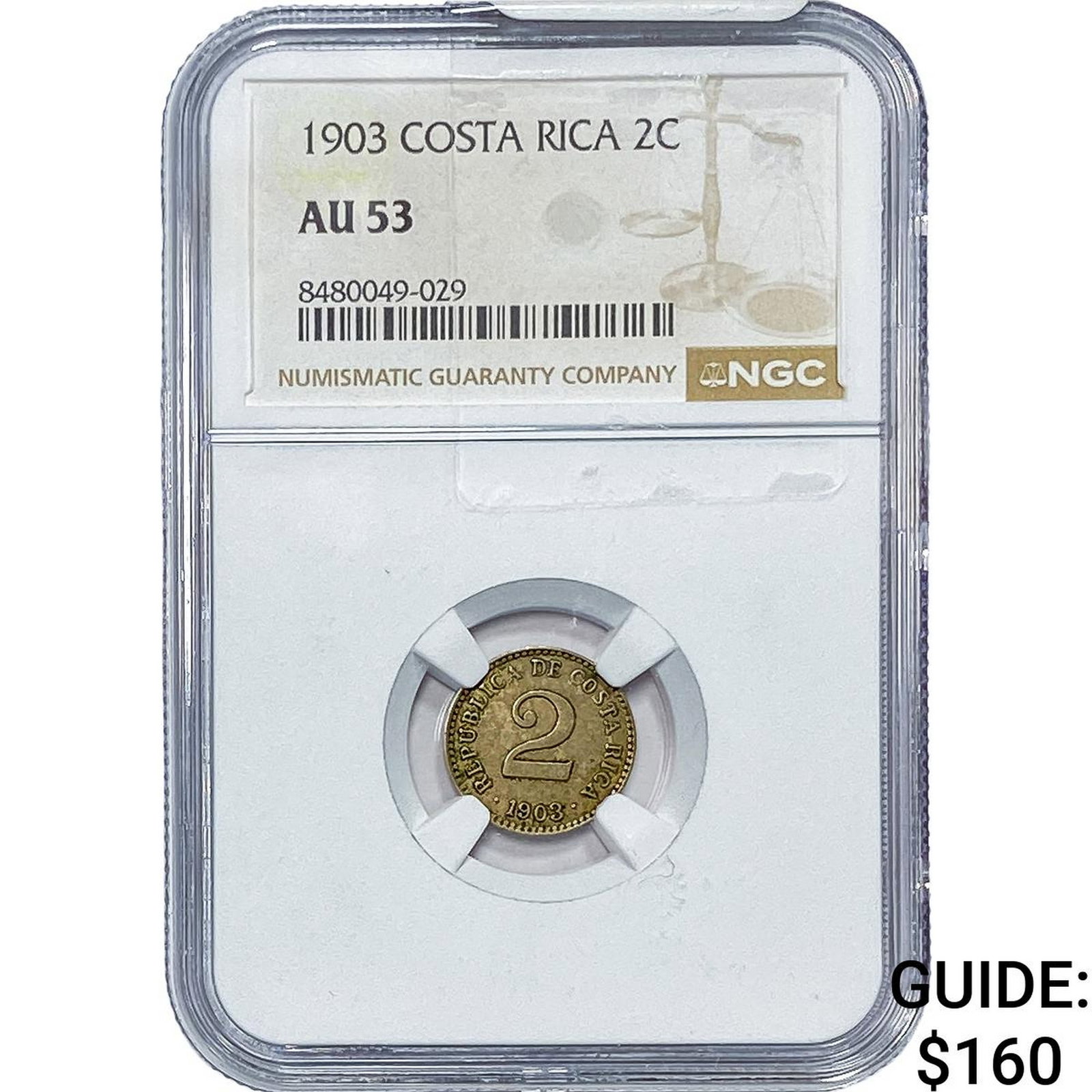 1903 Costa Rica Cupro-Nickel 2 Centimos NGC AU53: 1903 Costa Rica Cupro-Nickel 2 Centimos NGC AU53