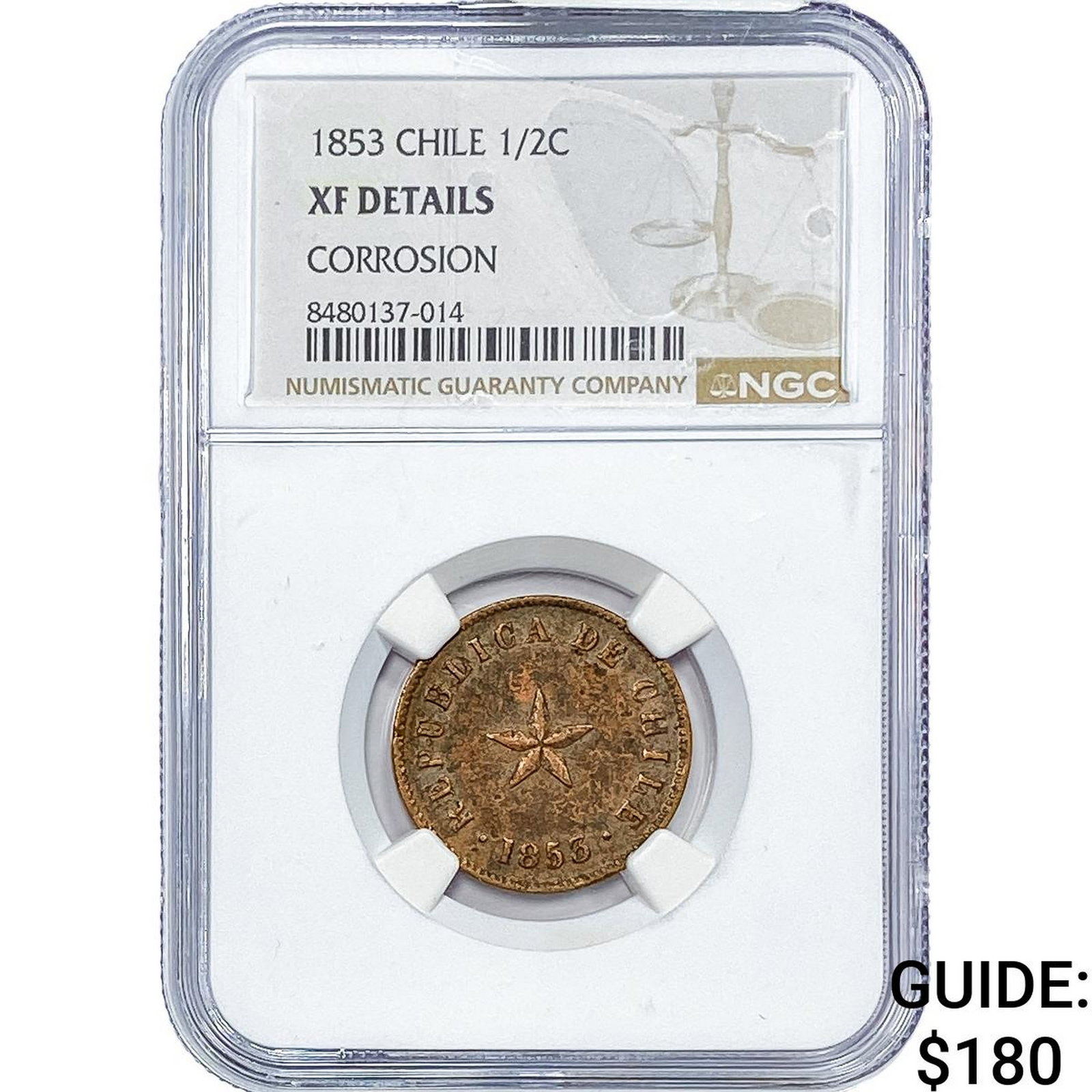 1853 Chile Copper 1/2 Centavo NGC XF Details: 1853 Chile Copper 1/2 Centavo NGC XF Details