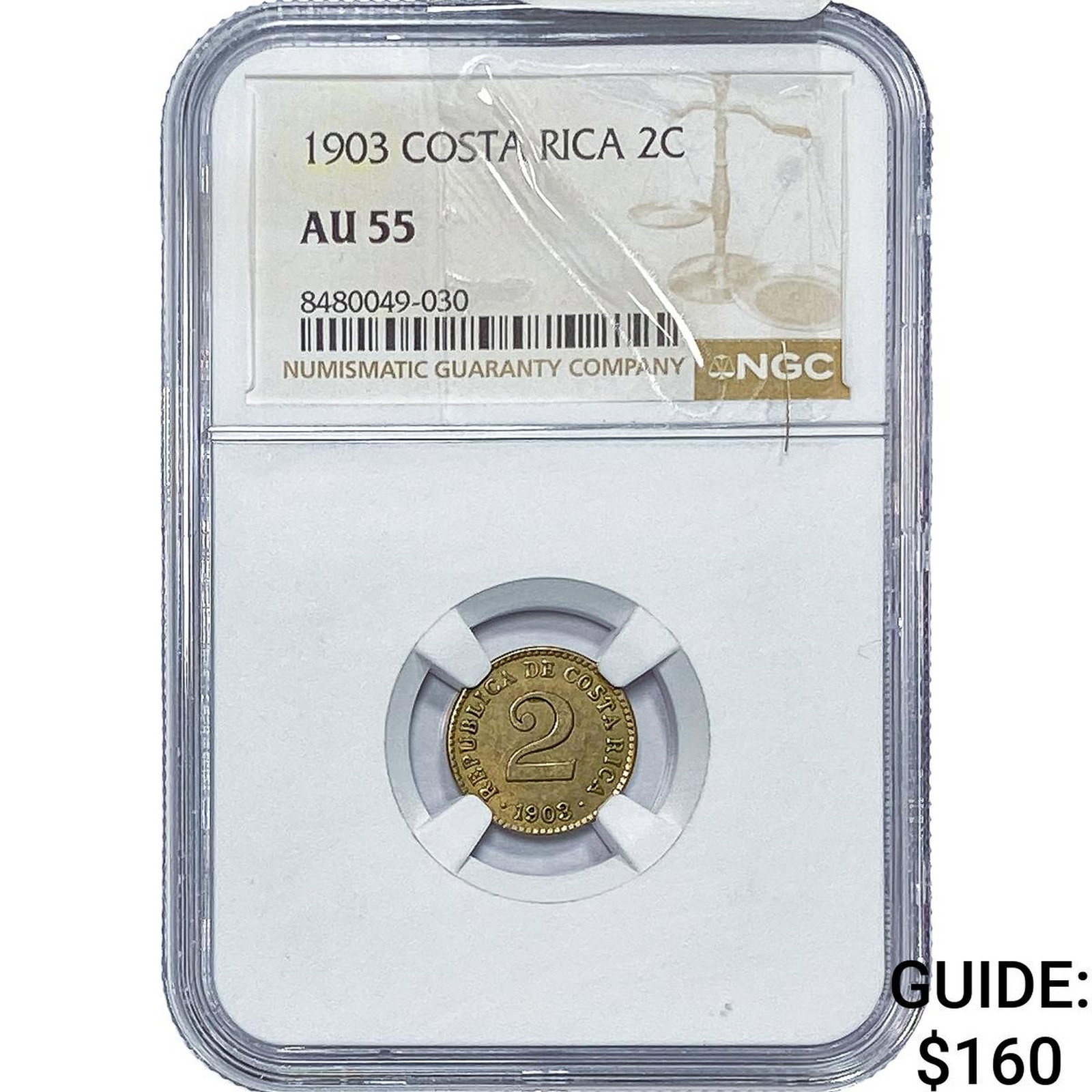1903 Costa Rica Cupro-Nickel 2 Centimos NGC AU55: 1903 Costa Rica Cupro-Nickel 2 Centimos NGC AU55