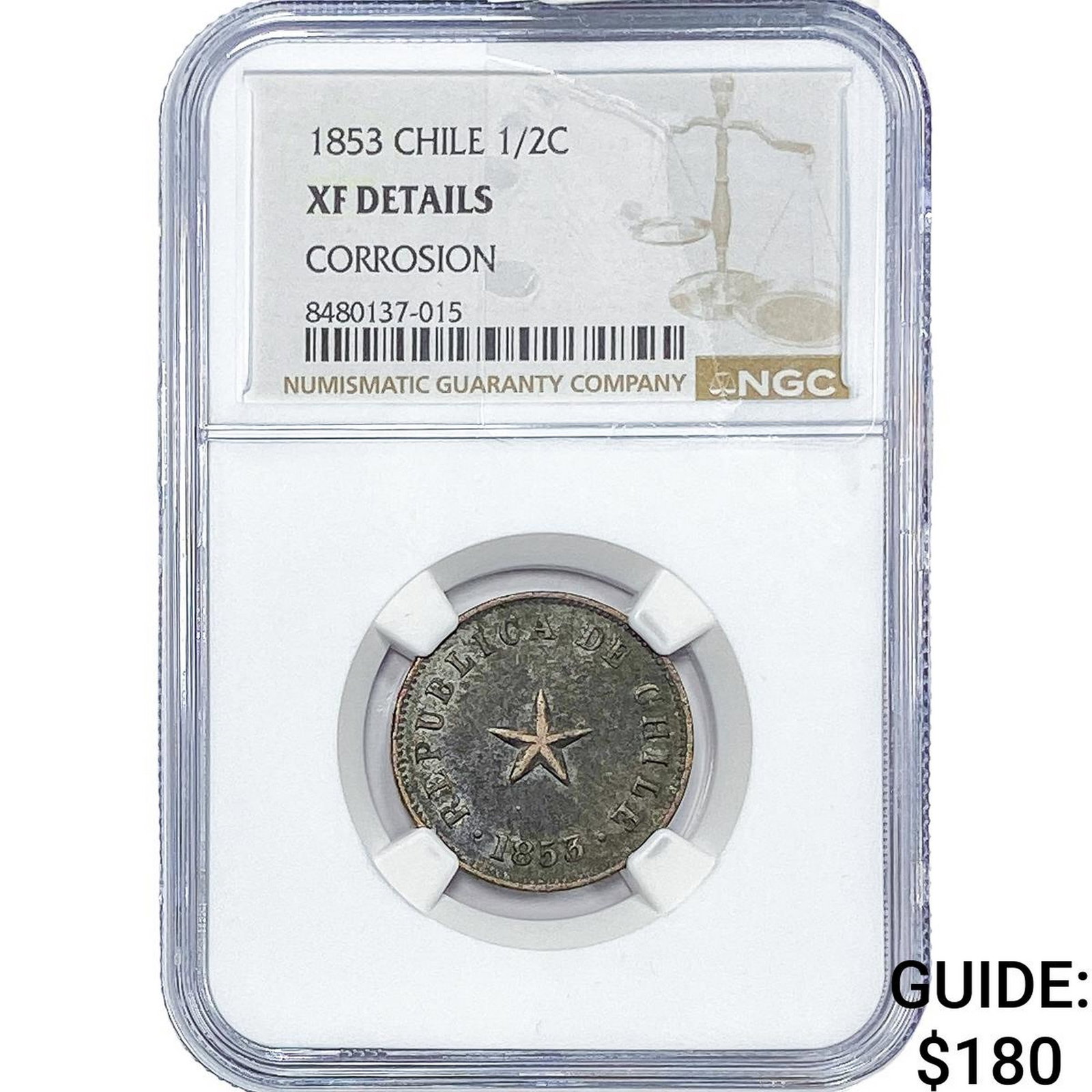 1853 Chile Copper 1/2 Centavo NGC XF Details: 1853 Chile Copper 1/2 Centavo NGC XF Details