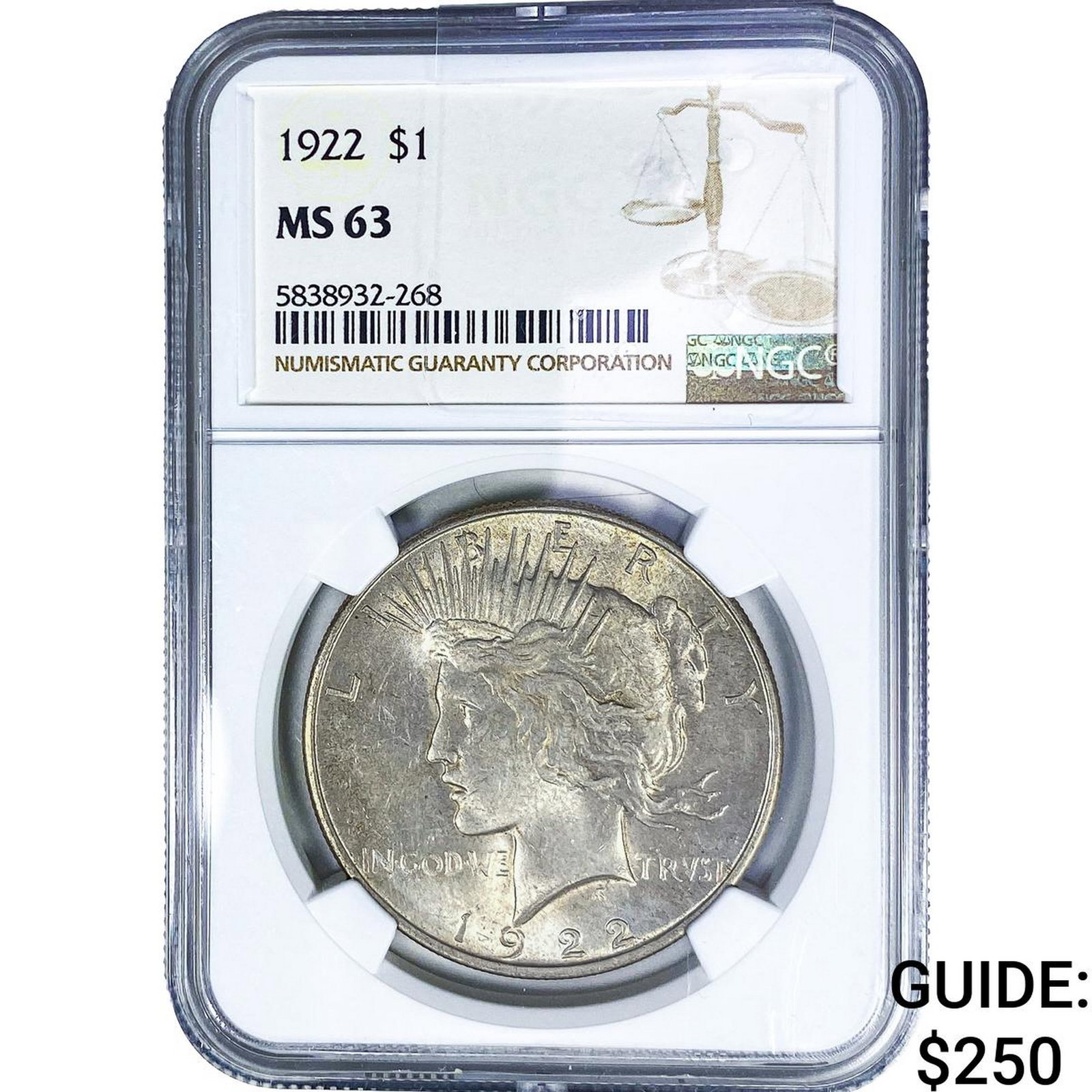 1922 Silver Peace Dollar NGC MS63: 1922 Silver Peace Dollar NGC MS63