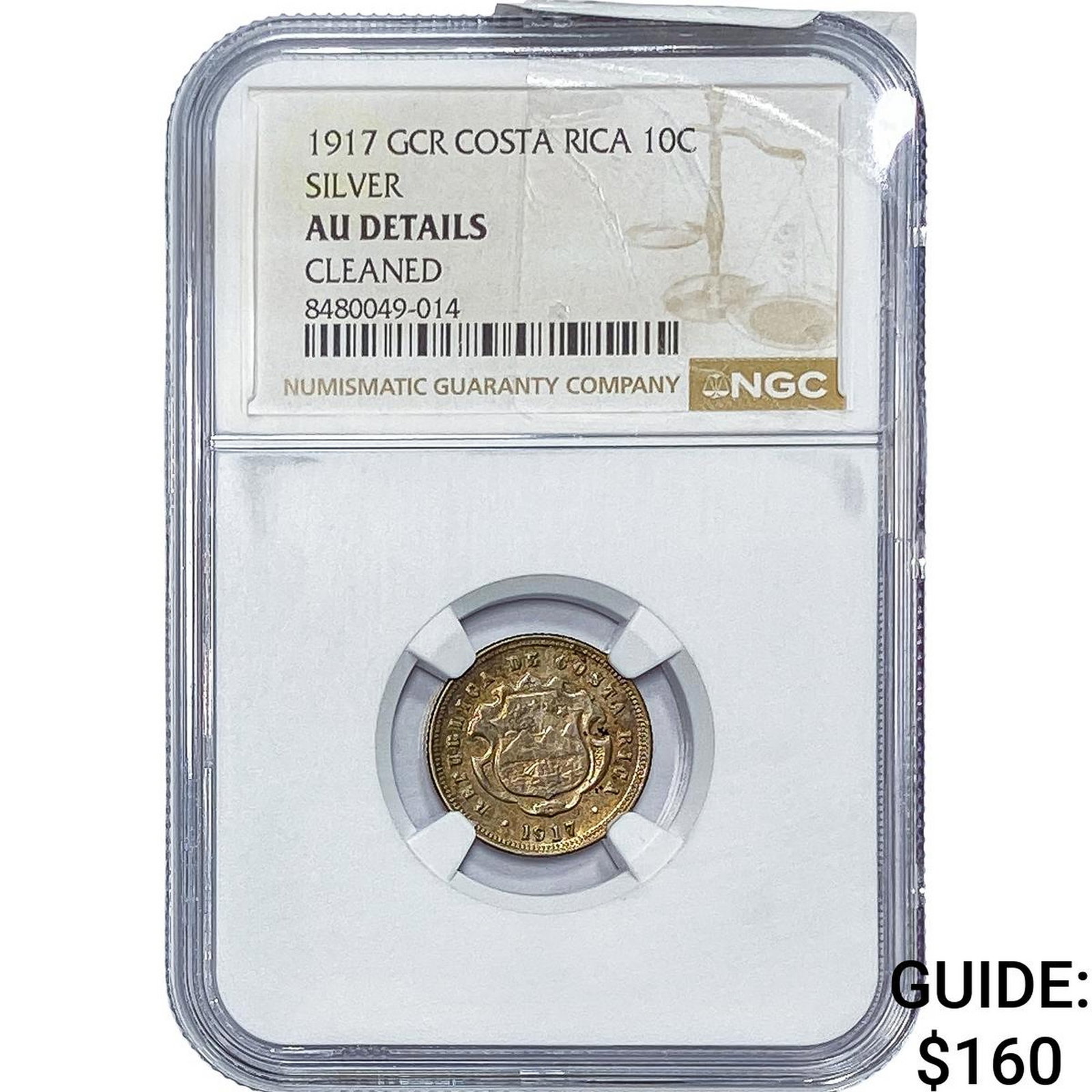 1917 Costa Rica Silver 10 Centavos NGC AU Details: 1917 Costa Rica Silver 10 Centavos NGC AU Details