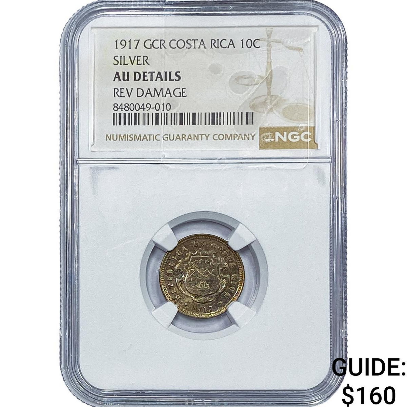 1917 Costa Rica Silver 10 Centavos NGC AU Details: 1917 Costa Rica Silver 10 Centavos NGC AU Details
