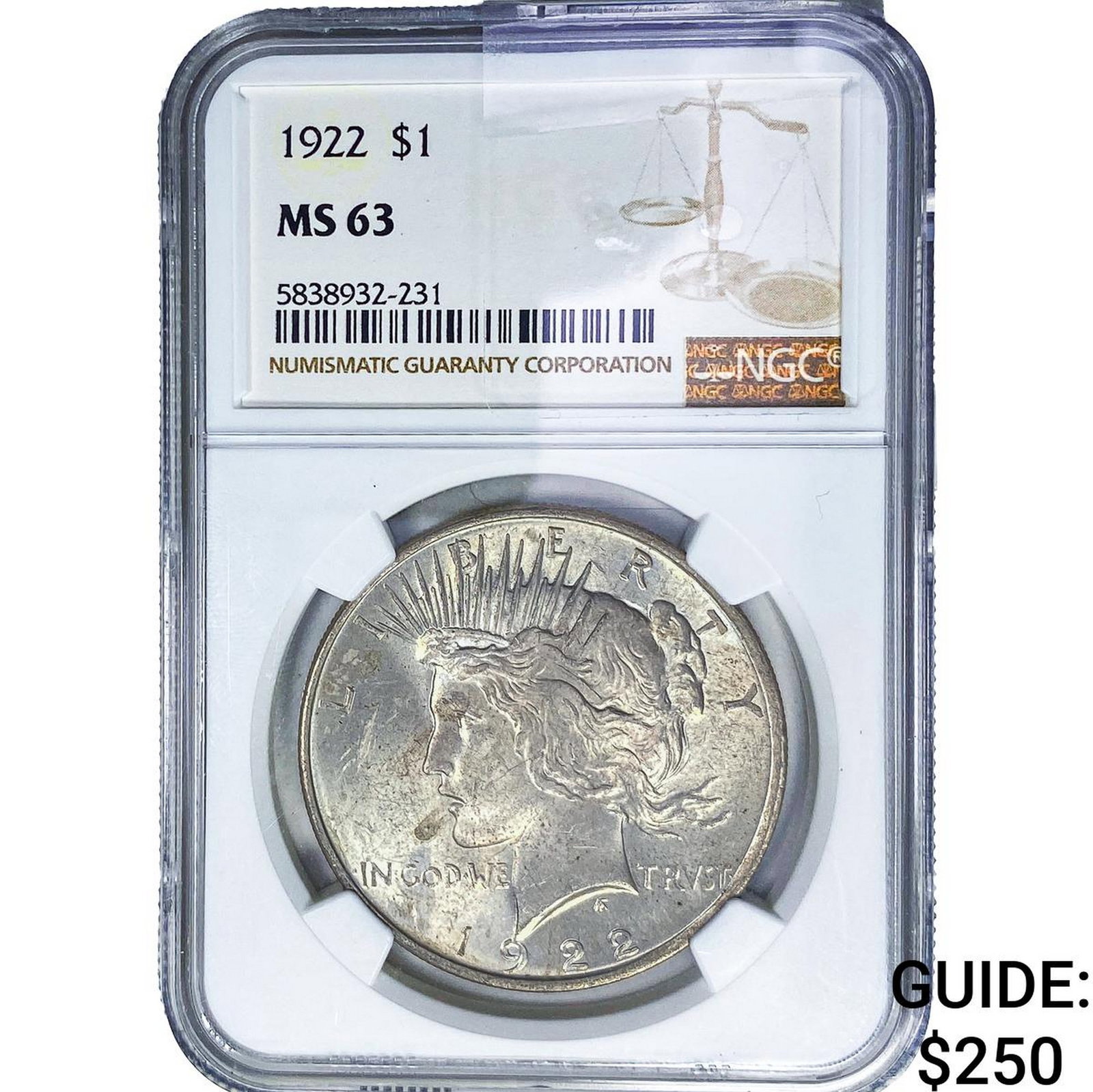 1922 Silver Peace Dollar NGC MS63: 1922 Silver Peace Dollar NGC MS63