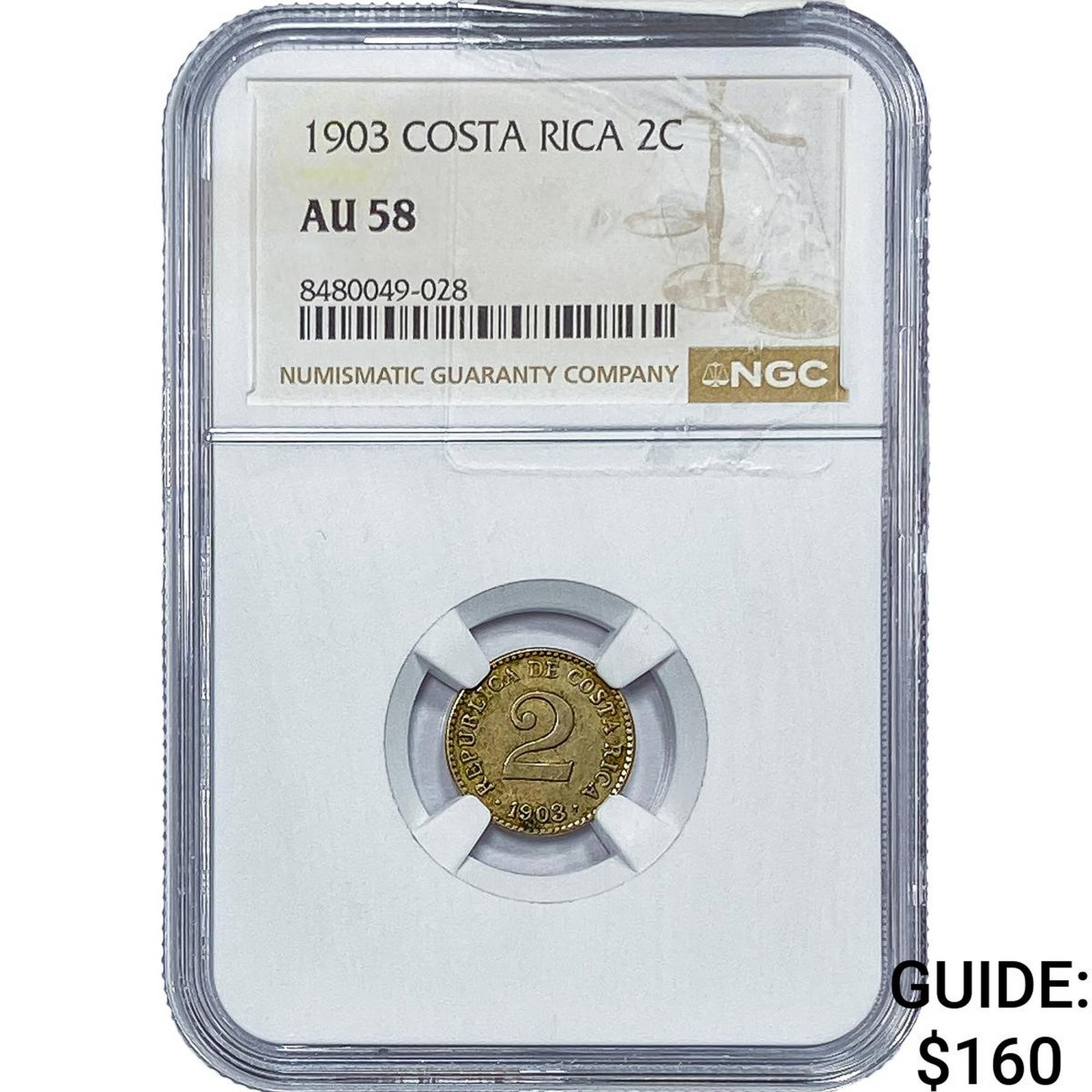1903 Costa Rica Cupro-Nickel 2 Centimos NGC AU58: 1903 Costa Rica Cupro-Nickel 2 Centimos NGC AU58