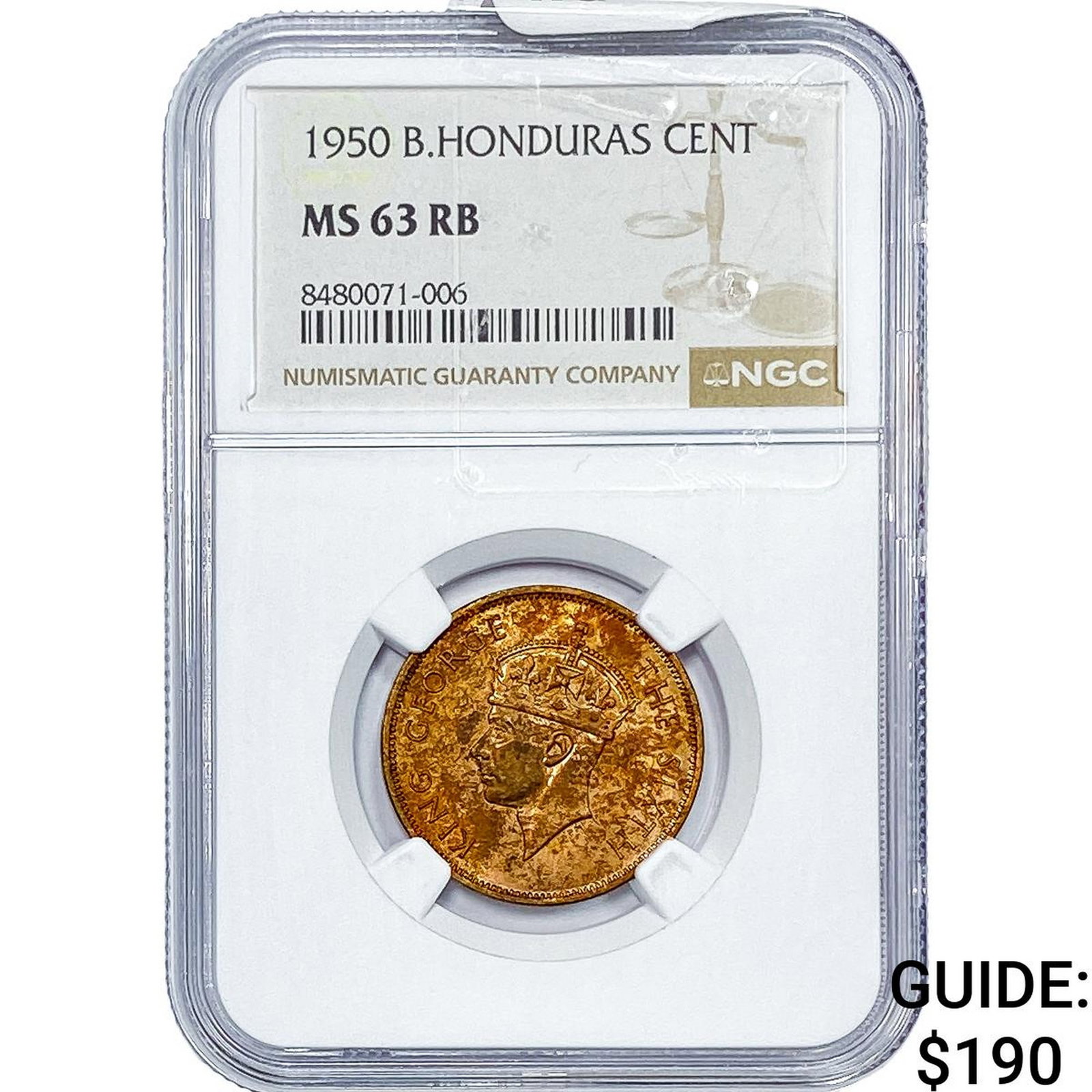 1950 British Honduras Copper Cent NGC MS63 RB (1 of 2)