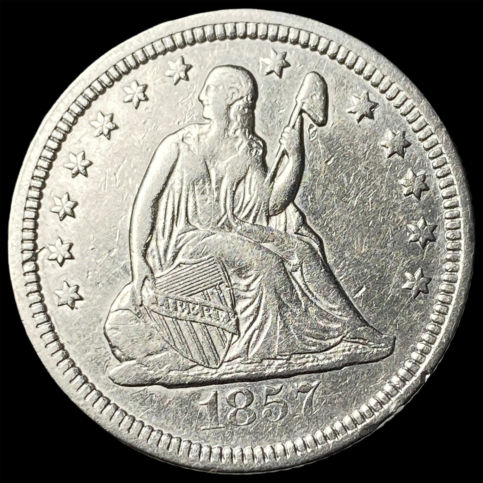 1857 Silver Seated Liberty Quarter CLOSELY UNCIRCULATED: 1857 Silver Seated Liberty Quarter CLOSELY UNCIRCULATED