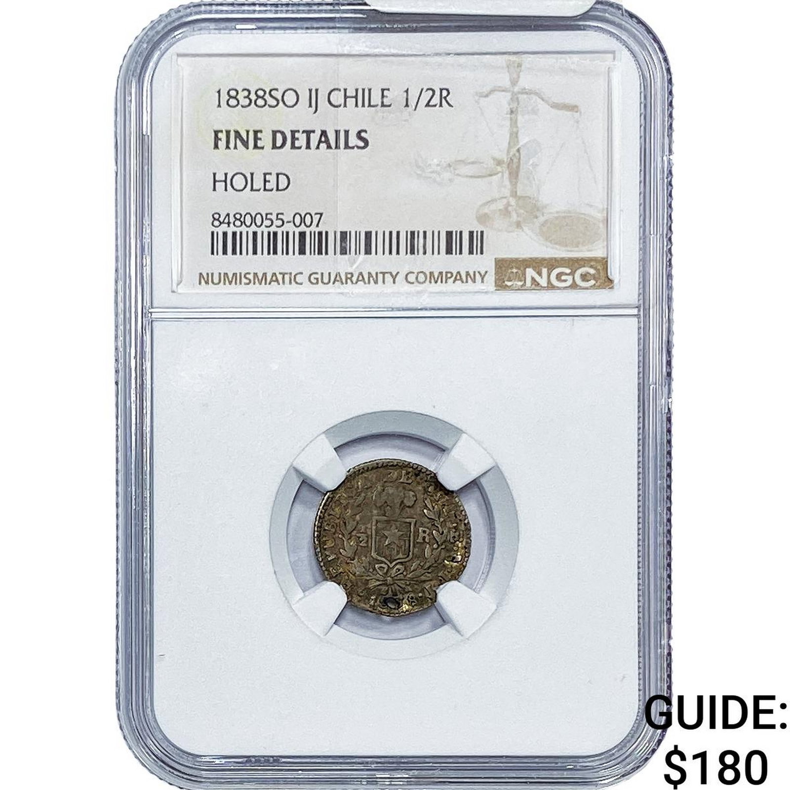 1838-SO Chile Silver 1/2 Real NGC F Details: 1838-SO Chile Silver 1/2 Real NGC F Details