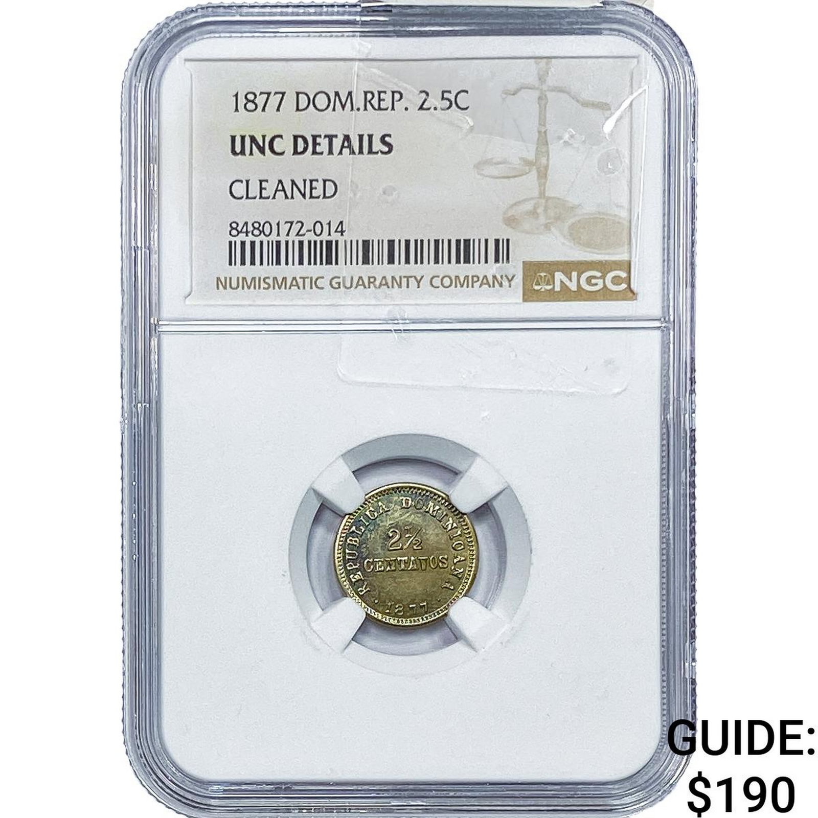 1877 Dominican Republic Silver 2.5 Centavos NGC UNC Details: 1877 Dominican Republic Silver 2.5 Centavos NGC UNC Details