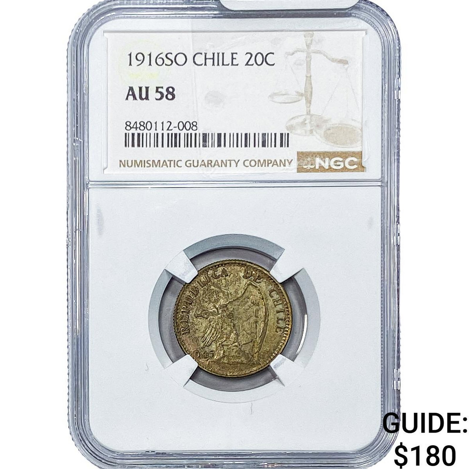 1916-SO Chile Silver 20 Centavos NGC AU58 (1 of 2)