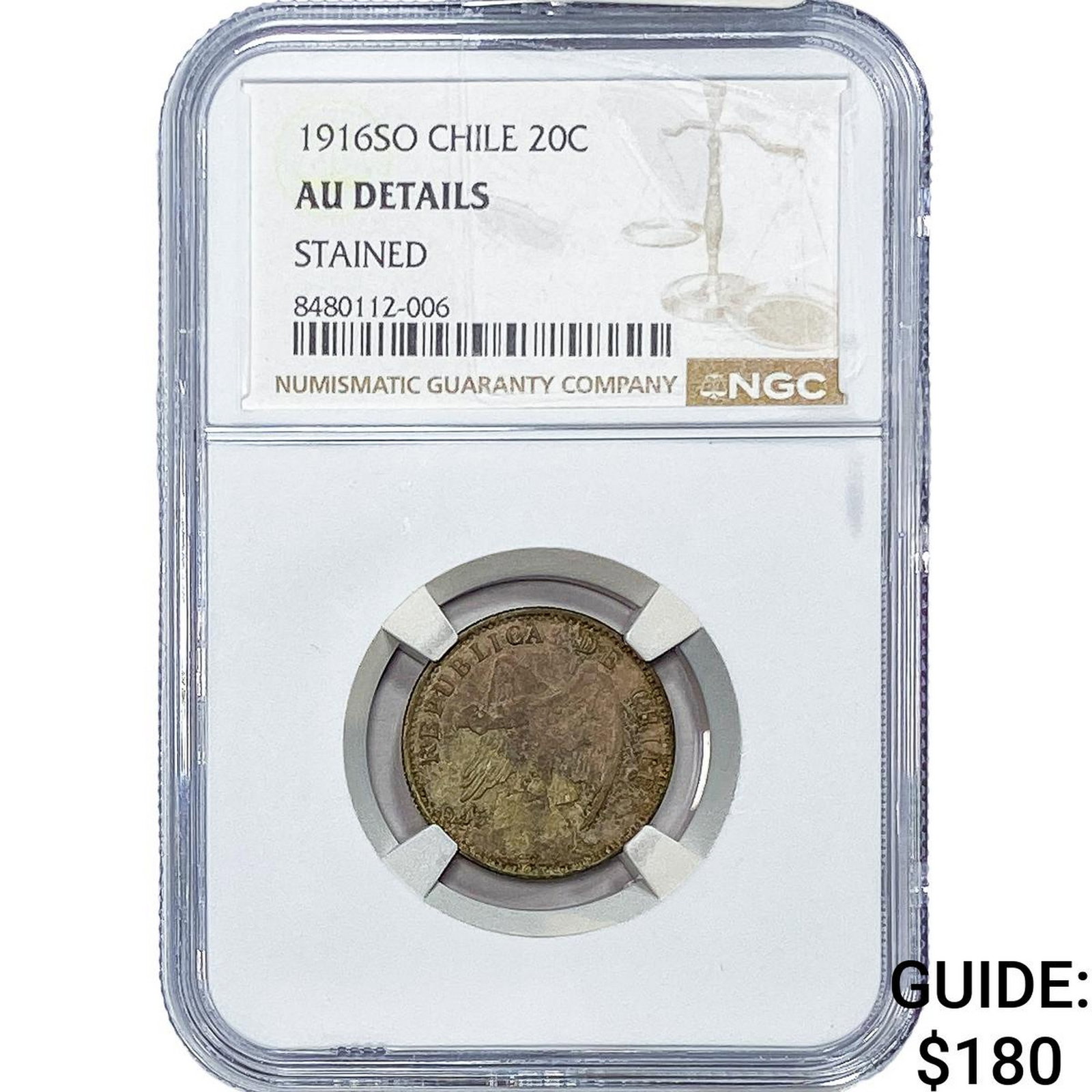 1916-SO Chile Silver 20 Centavos NGC AU Details: 1916-SO Chile Silver 20 Centavos NGC AU Details