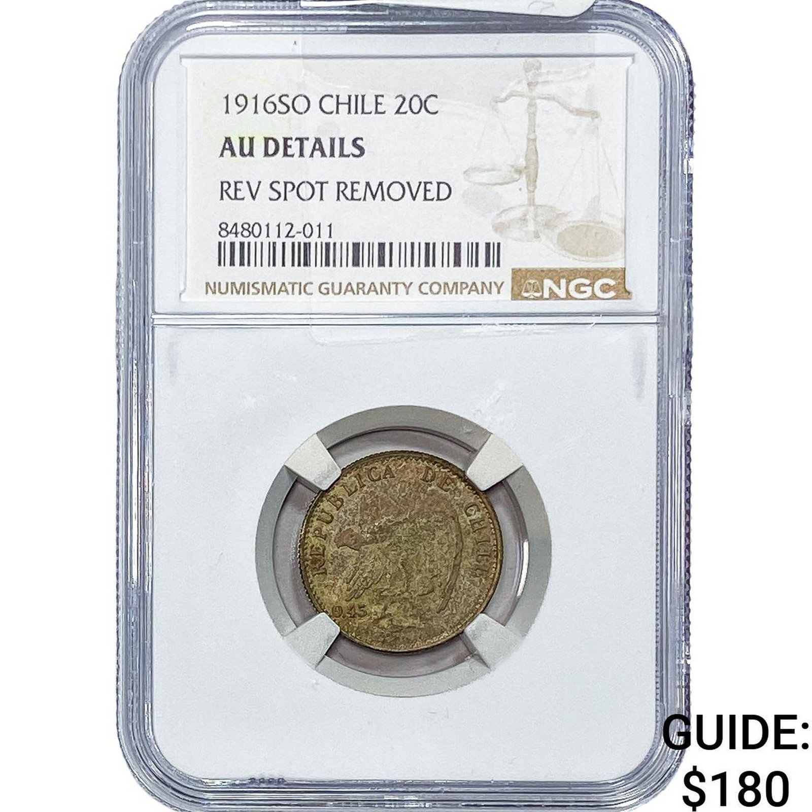 1916-SO Chile Silver 20 Centavos NGC AU Details: 1916-SO Chile Silver 20 Centavos NGC AU Details