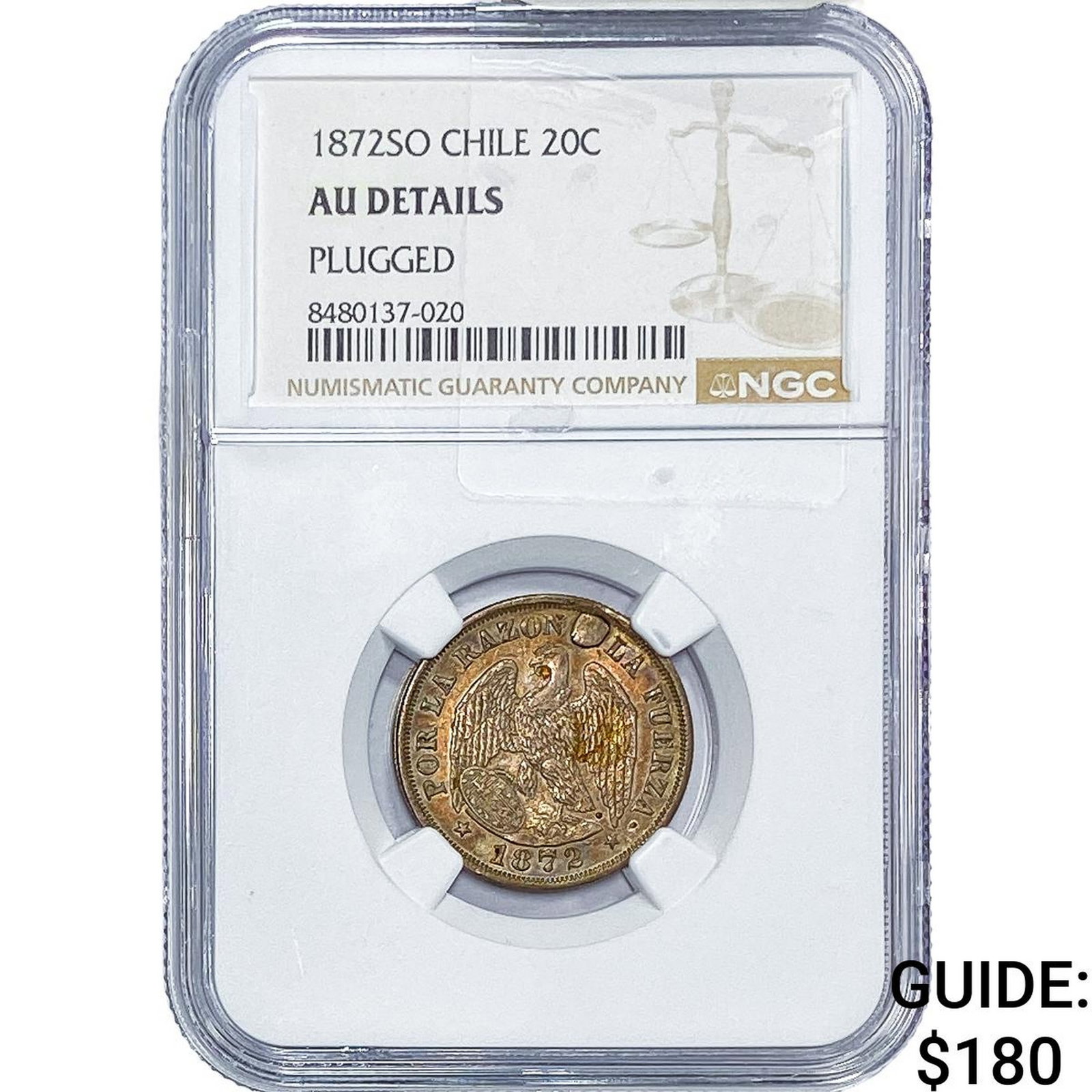 1872-SO Chile Silver 20 Centavos NGC AU Details: 1872-SO Chile Silver 20 Centavos NGC AU Details