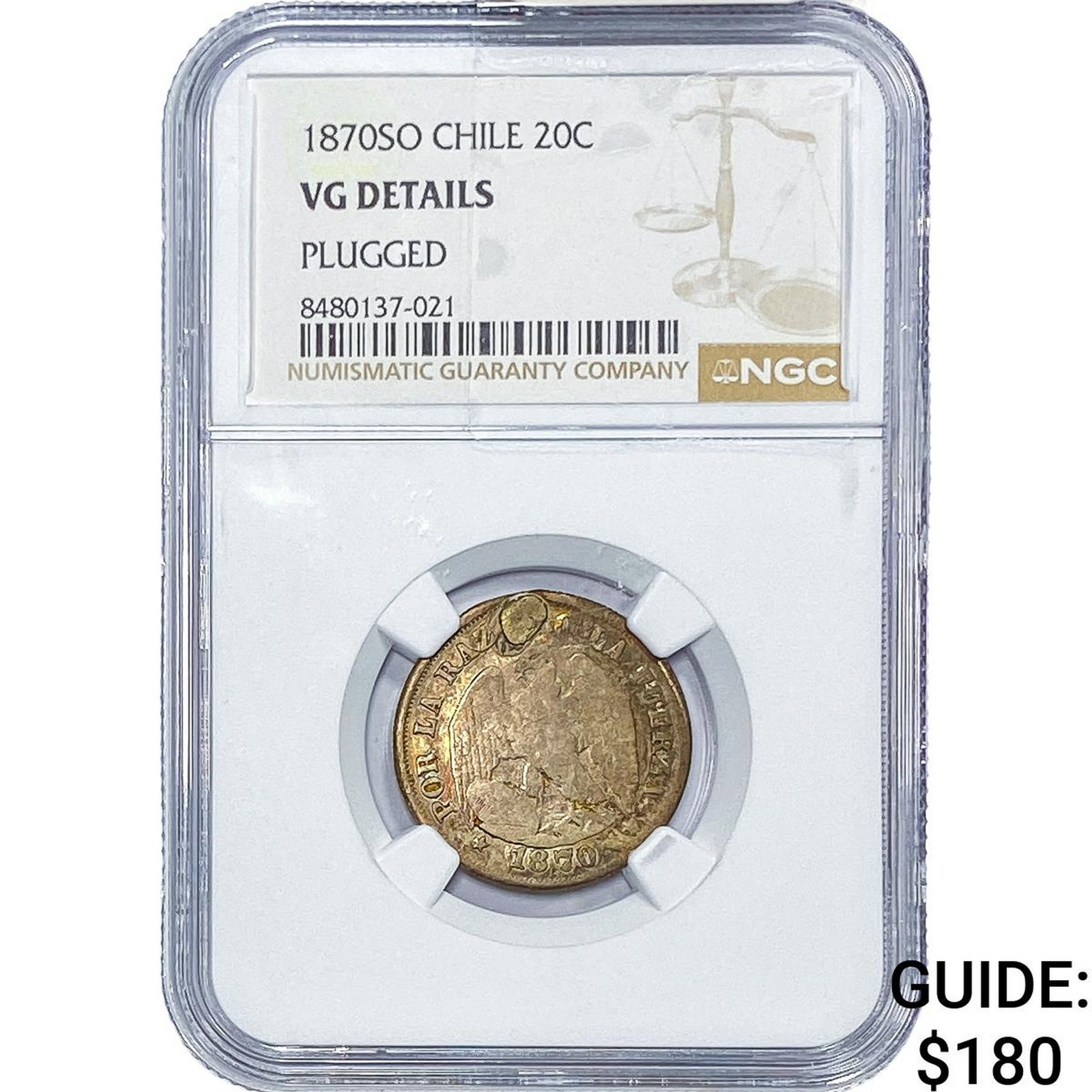 1870-SO Chile Silver 20 Centavos NGC VG Details (1 of 2)