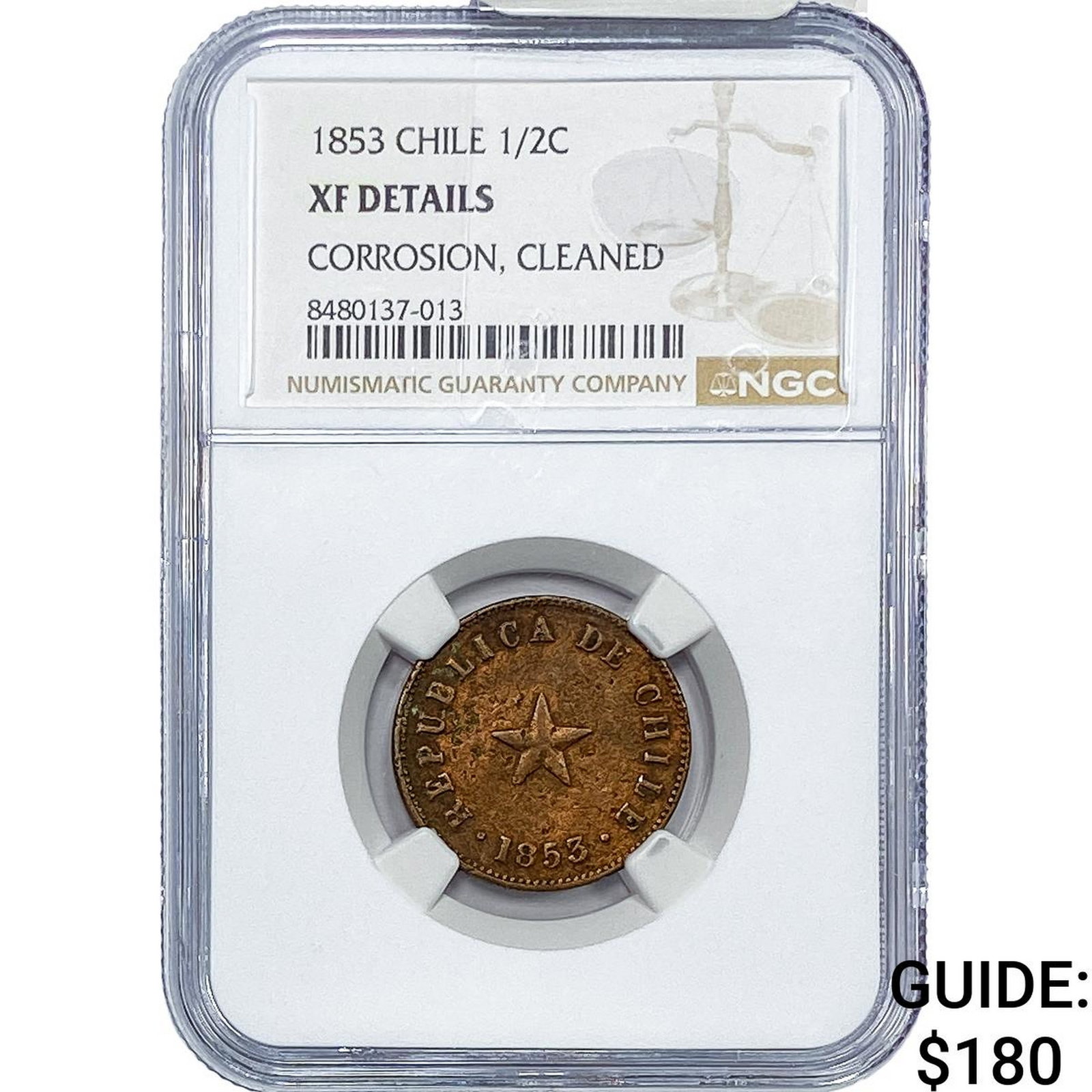 1853 Chile Copper 1/2 Centavos NGC XF Details: 1853 Chile Copper 1/2 Centavos NGC XF Details
