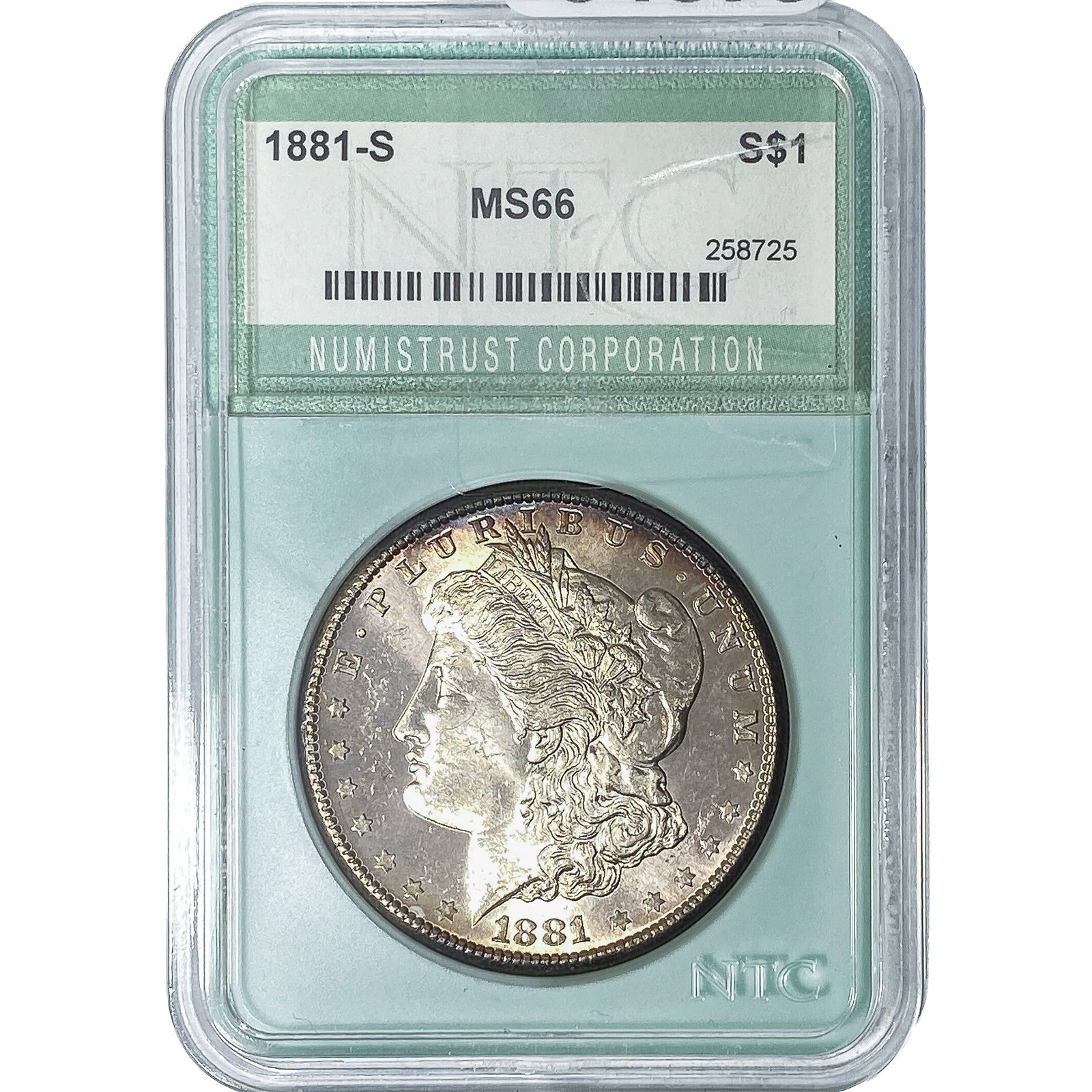 1881-S Morgan Silver Dollar NTC MS66: 1881-S Morgan Silver Dollar NTC MS66