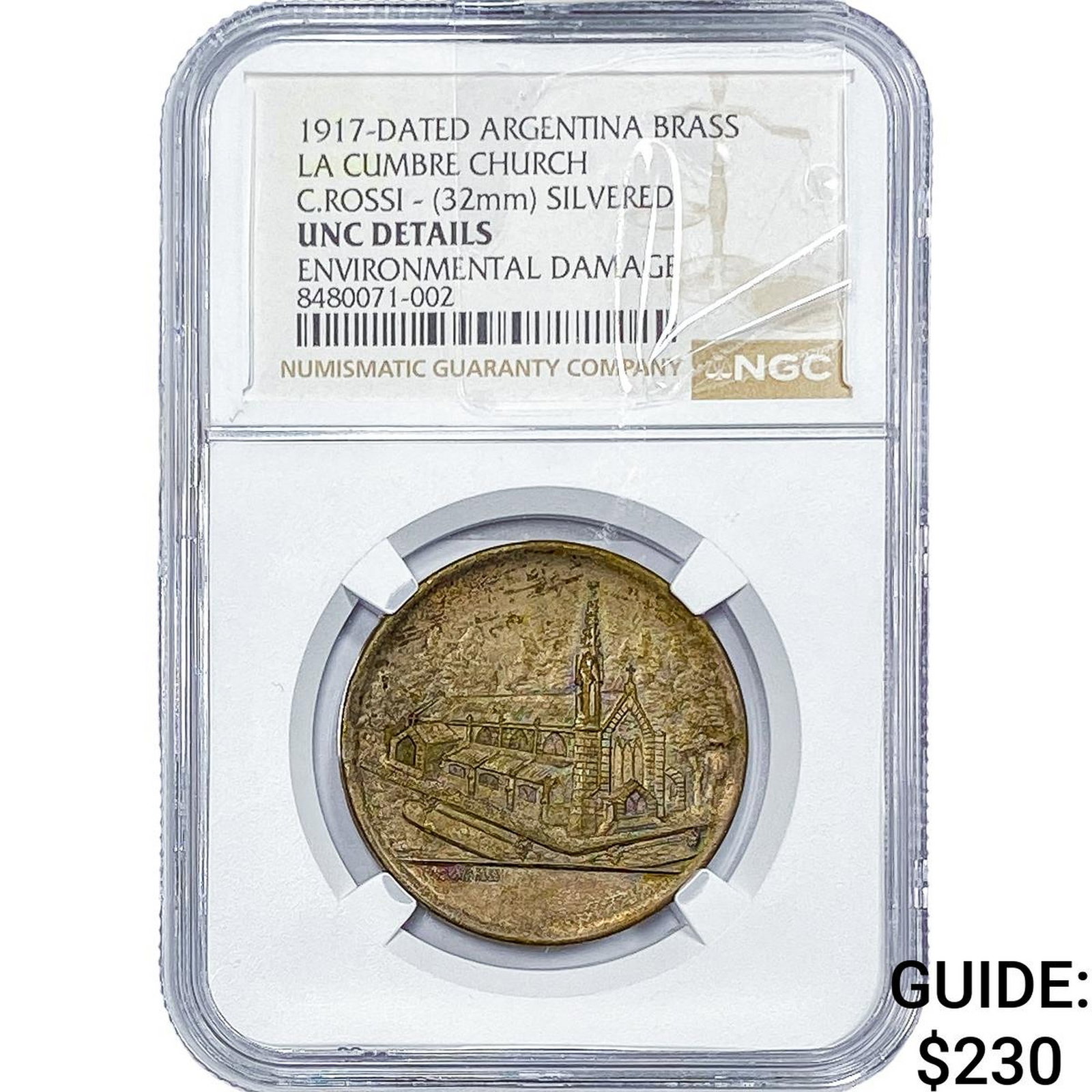 1917 Argentina Silvered Brass La Cumbre Church Medal NGC UNC Details (1 of 2)