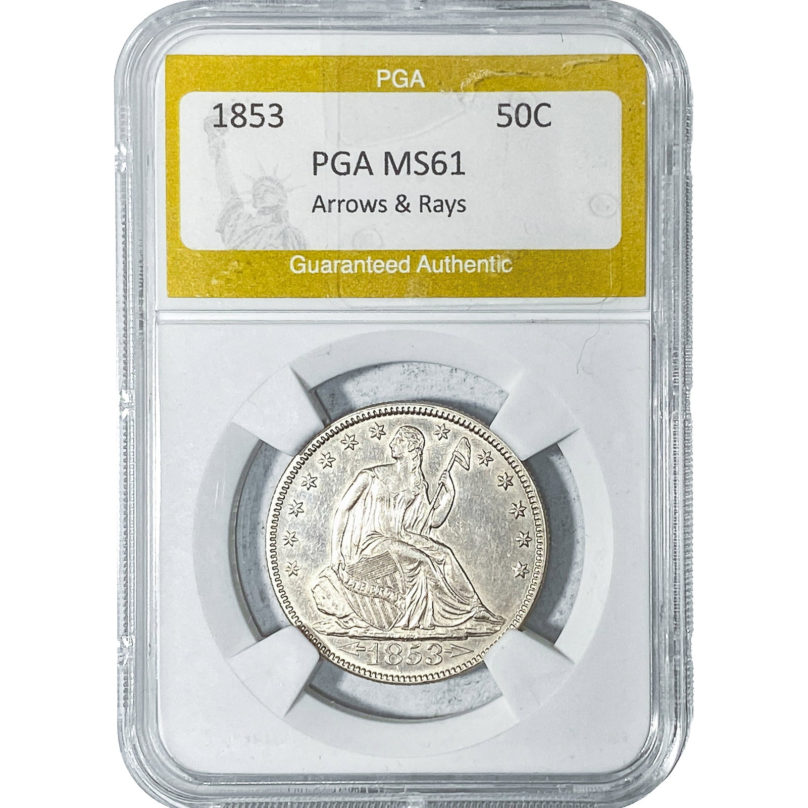 1853 Seated Liberty Half Dollar PGA MS61 Arrows & Rays: 1853 Seated Liberty Half Dollar PGA MS61 Arrows & Rays