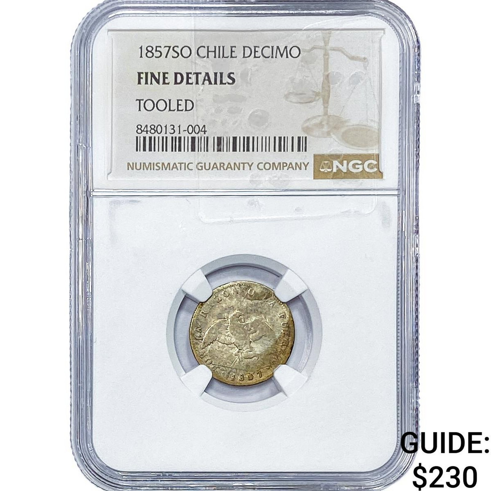 1857-SO Chile Silver Decimo NGC F Details: 1857-SO Chile Silver Decimo NGC F Details